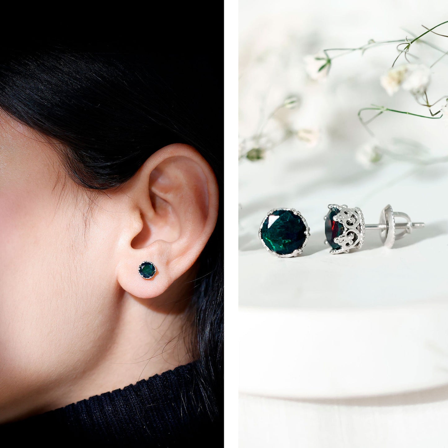 Natural Black Opal Crown Stud Earrings with Screw Back