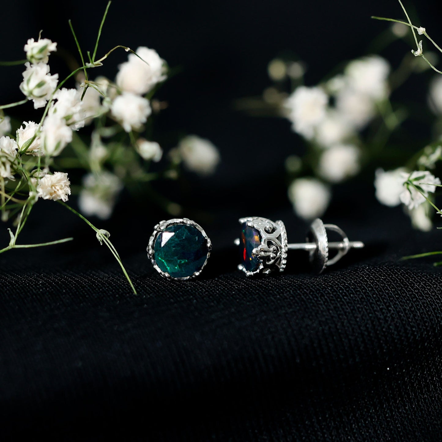 Natural Black Opal Crown Stud Earrings with Screw Back