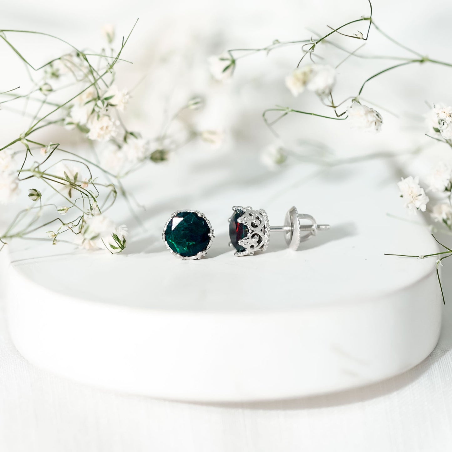 Natural Black Opal Crown Stud Earrings with Screw Back