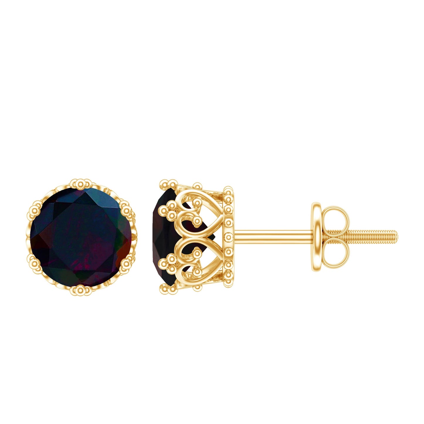 Natural Black Opal Crown Stud Earrings with Screw Back