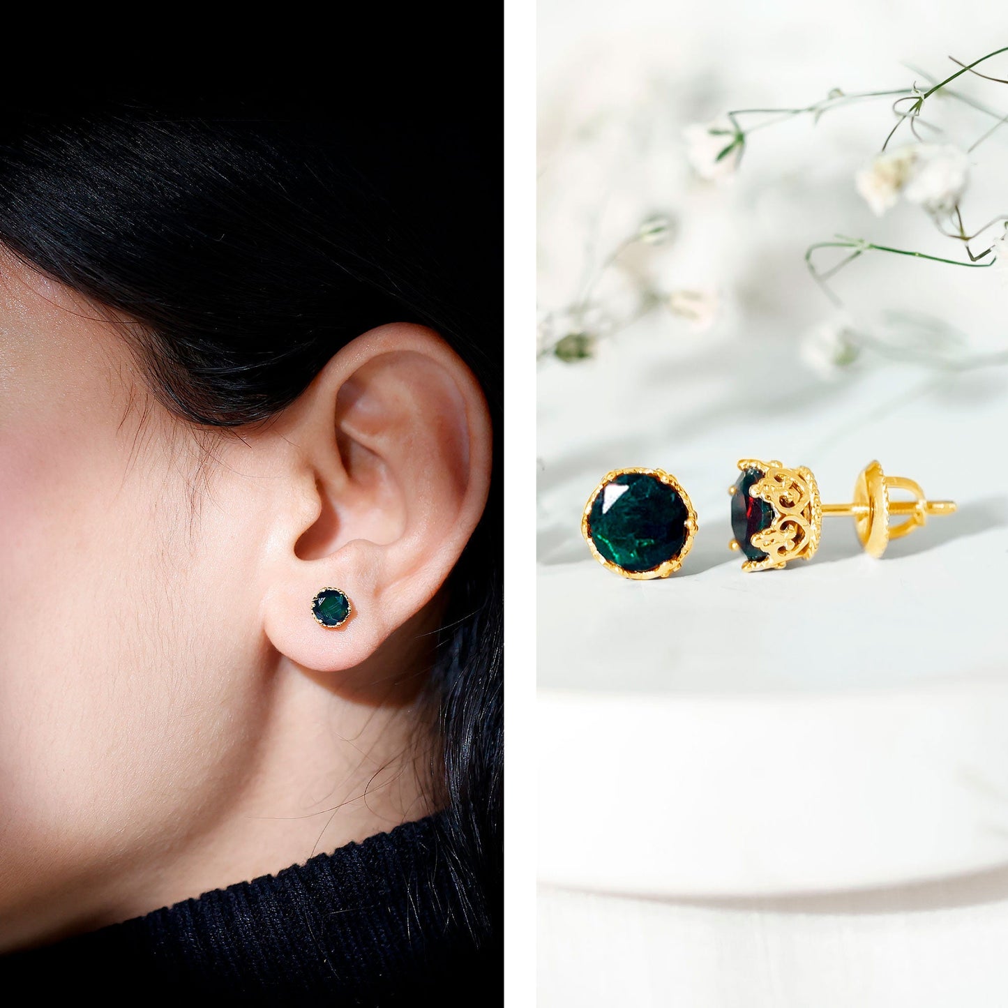 Natural Black Opal Crown Stud Earrings with Screw Back