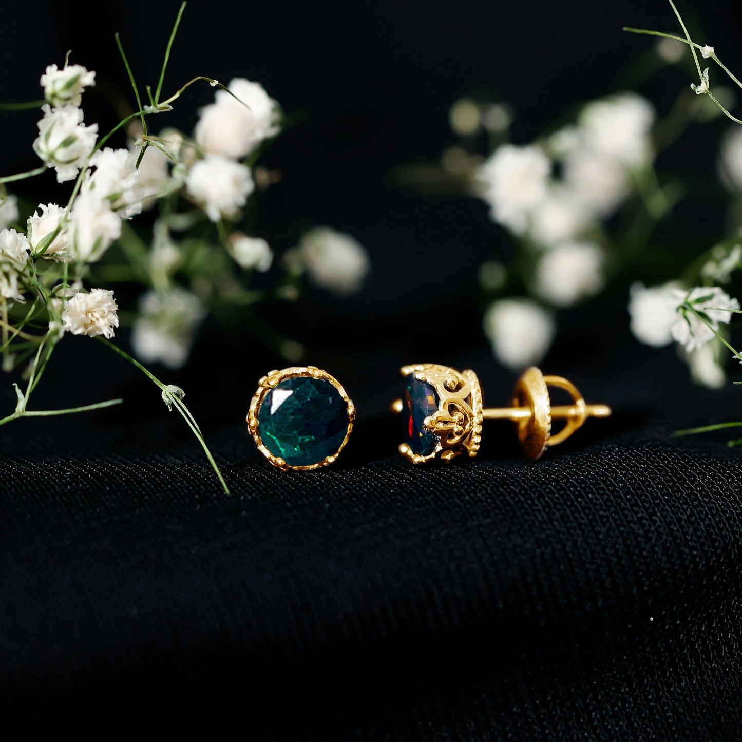 Natural Black Opal Crown Stud Earrings with Screw Back