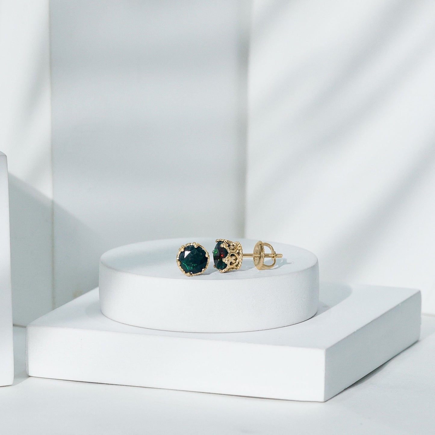 Natural Black Opal Crown Stud Earrings with Screw Back