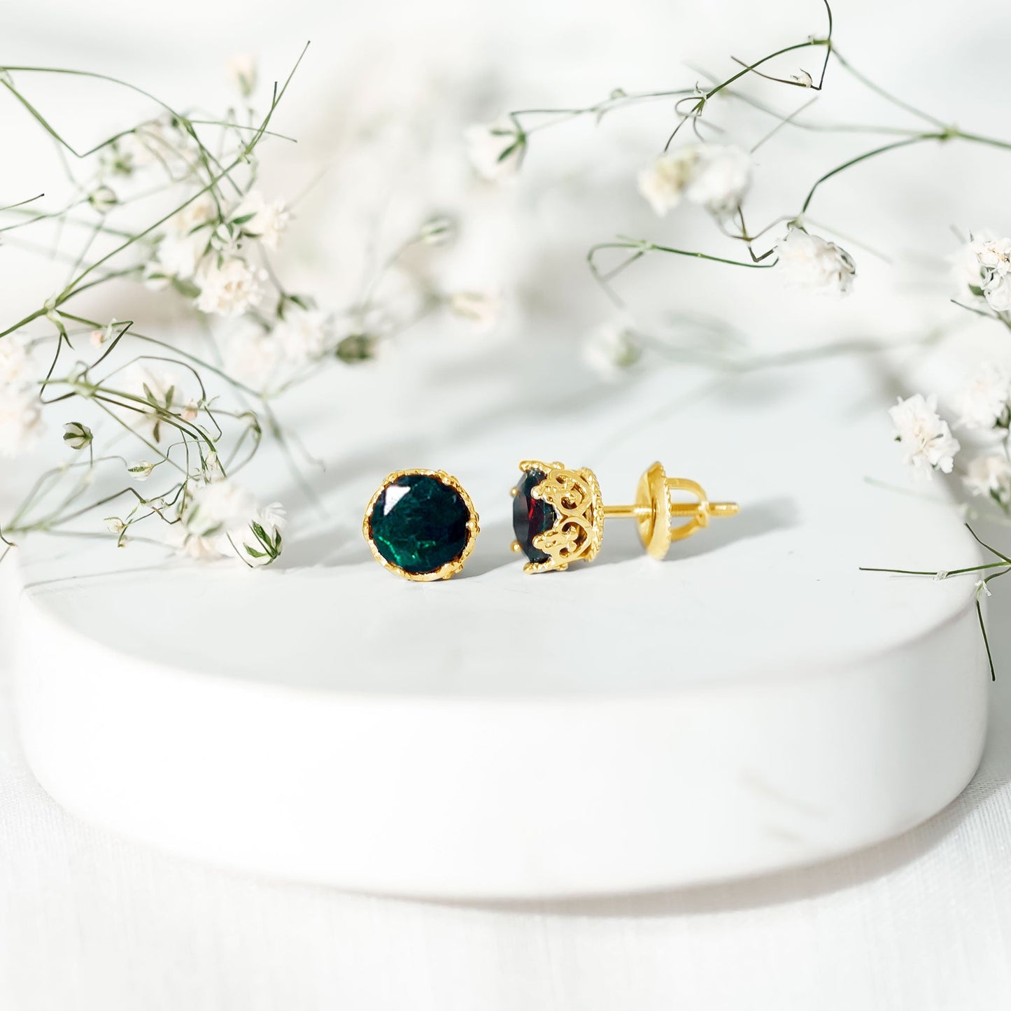 Natural Black Opal Crown Stud Earrings with Screw Back