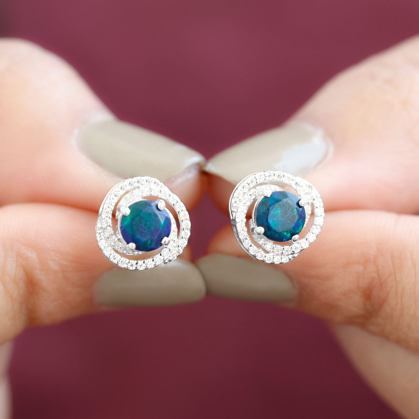 1.6 Carat Black Opal Swirl Stud Earrings with Certificate