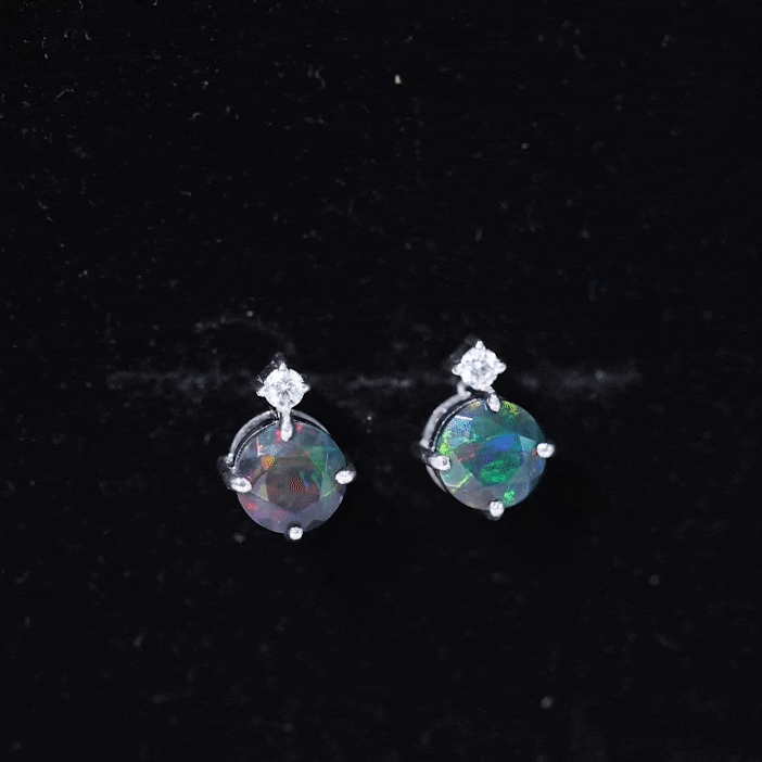 Round Black Opal Solitaire Stud Earrings with Dainty Moissanite