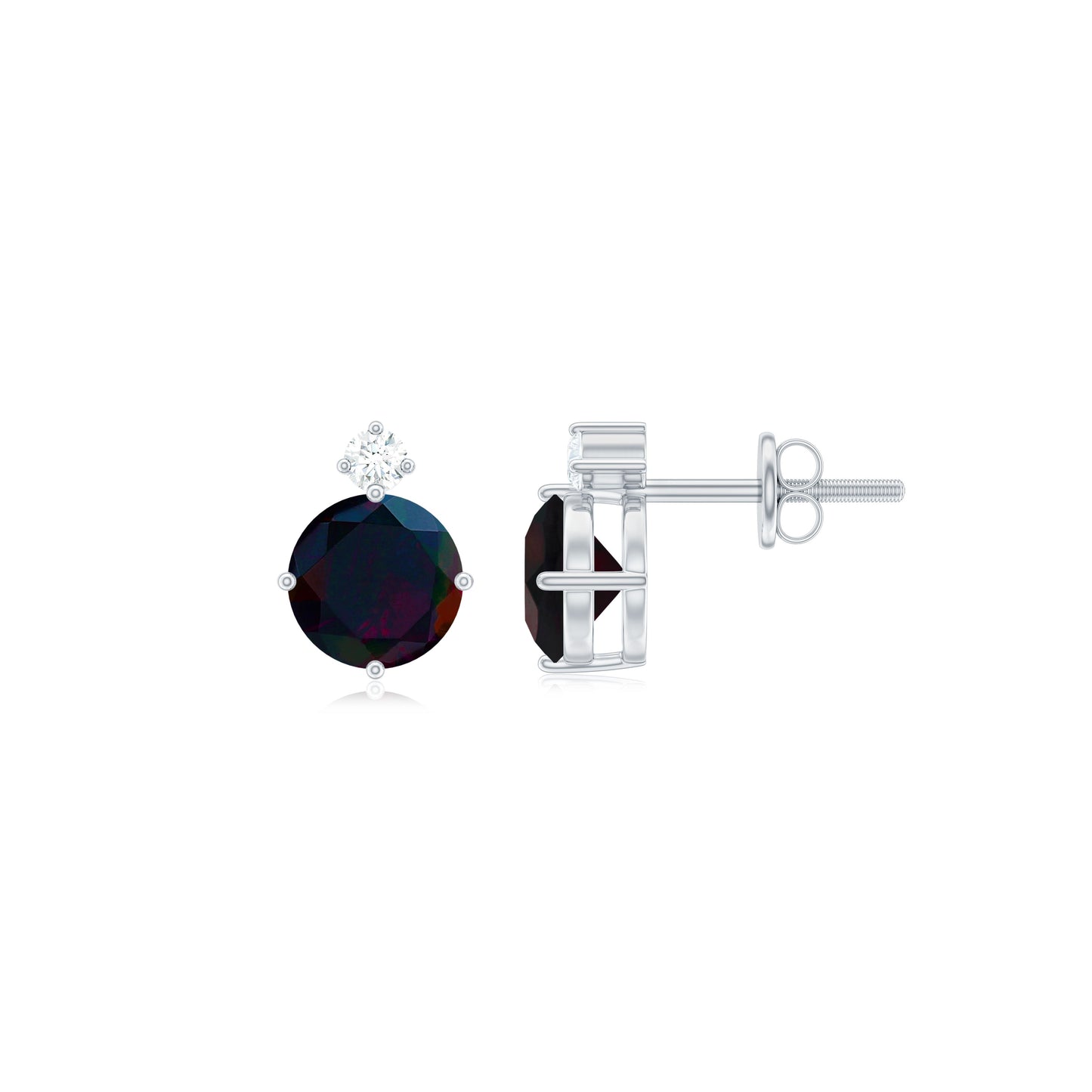 Round Black Opal Solitaire Stud Earrings with Dainty Moissanite