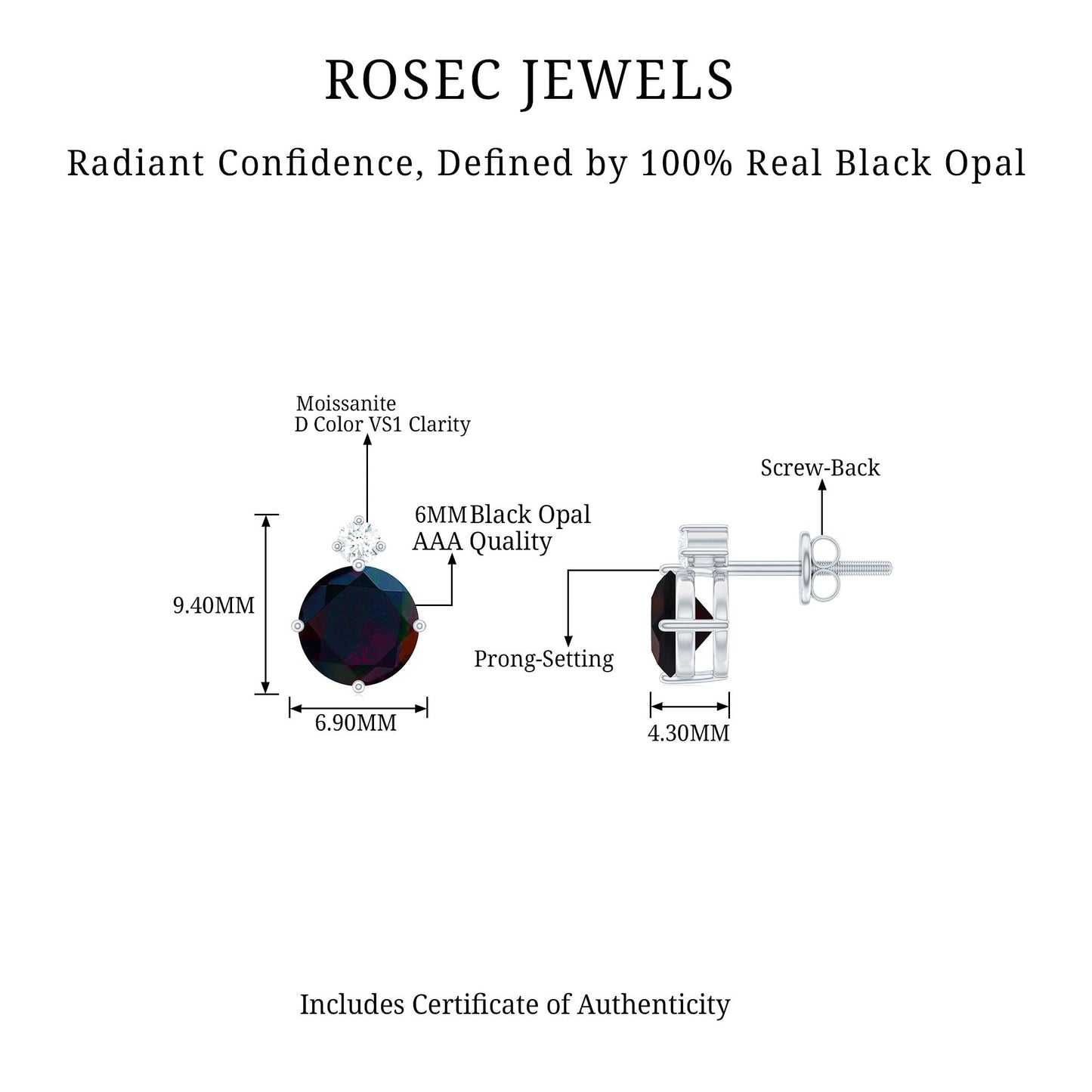 Round Black Opal Solitaire Stud Earrings with Dainty Moissanite