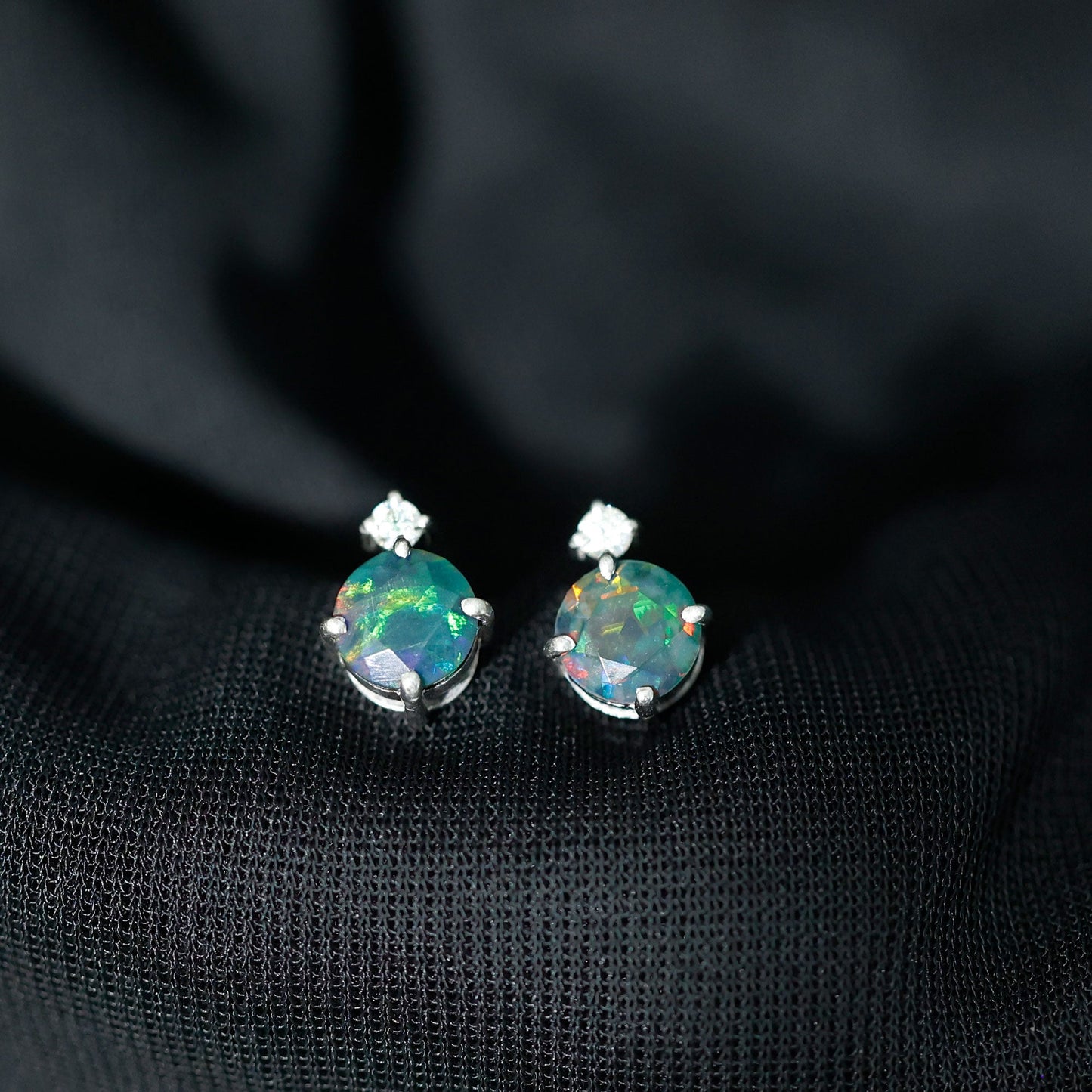 Round Black Opal Solitaire Stud Earrings with Dainty Moissanite