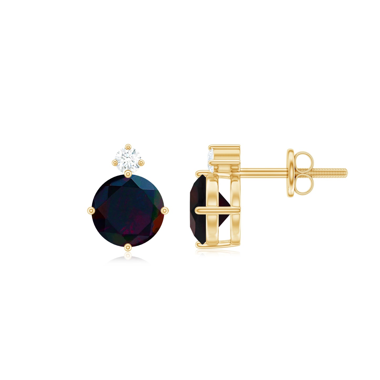 Round Black Opal Solitaire Stud Earrings with Dainty Moissanite