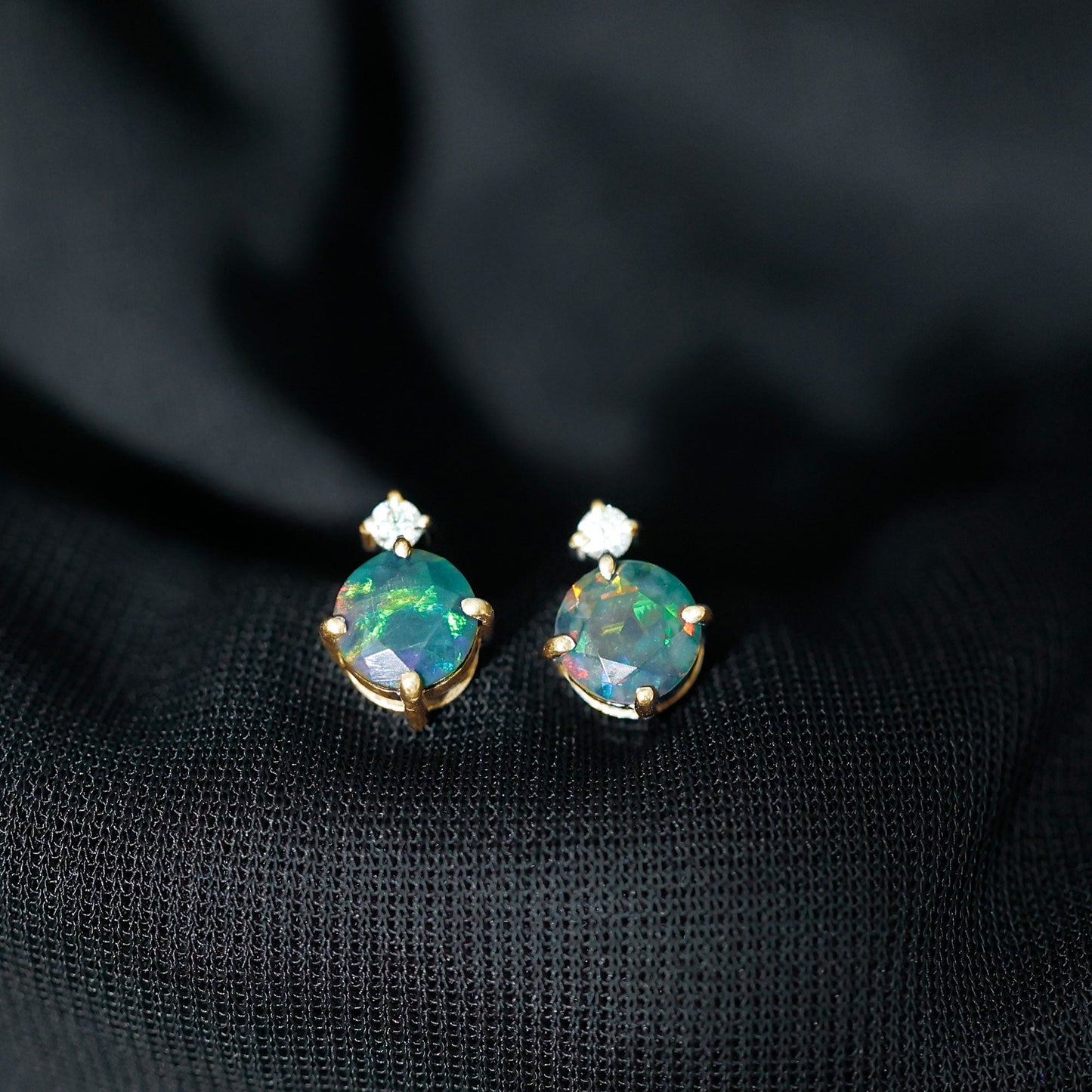 Round Black Opal Solitaire Stud Earrings with Dainty Moissanite