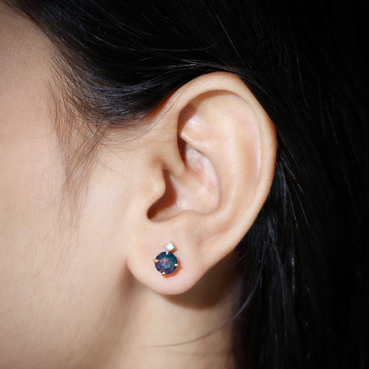 Round Black Opal Solitaire Stud Earrings with Dainty Moissanite