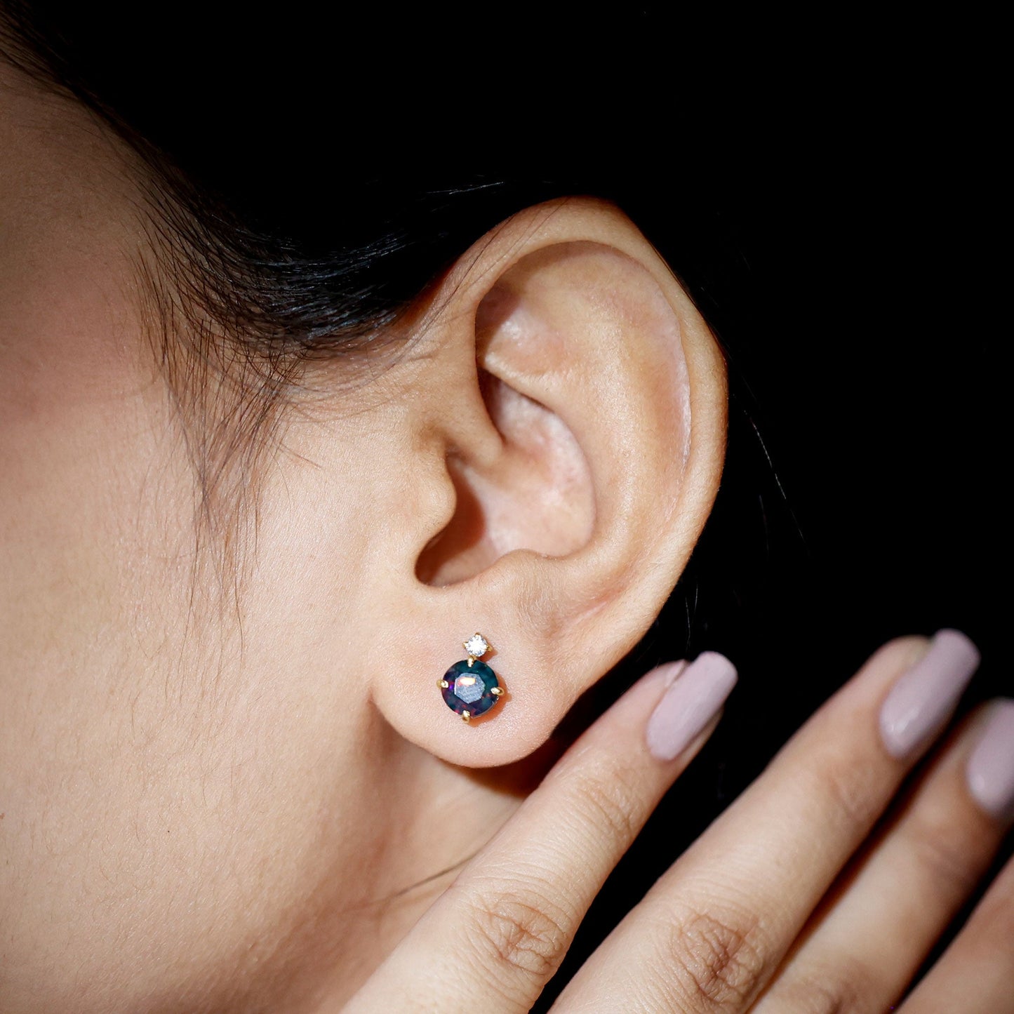 Round Black Opal Solitaire Stud Earrings with Dainty Moissanite