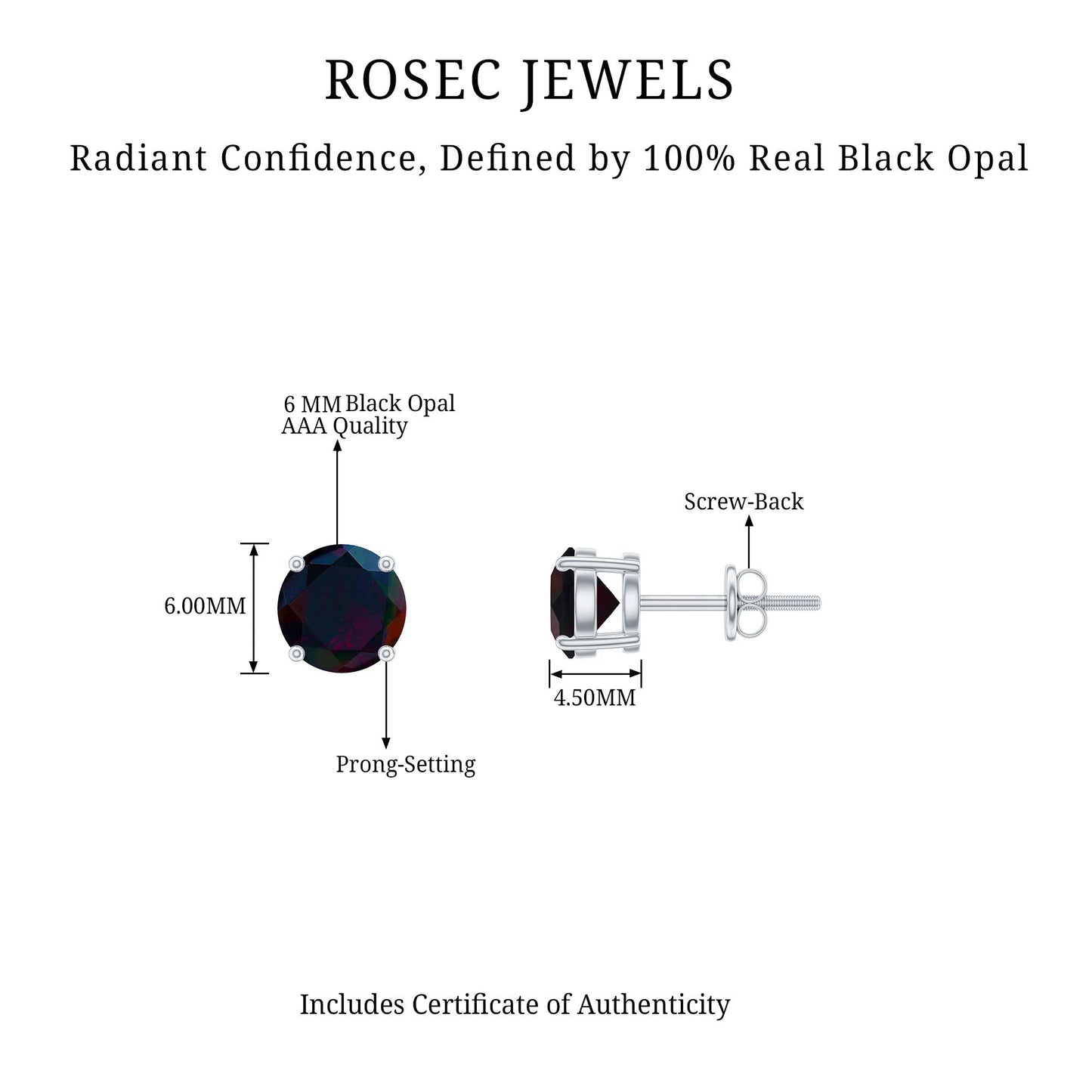 Genuine Black Opal Solitaire Stud Earrings with Screw Back