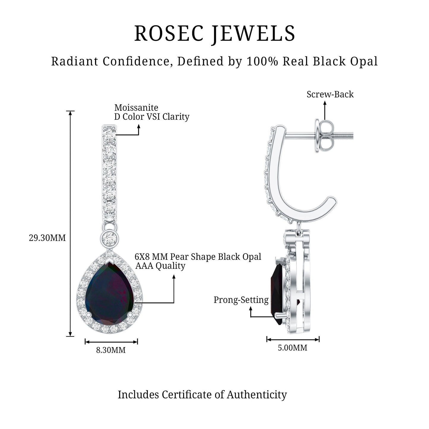 Classic Black Opal and Moissanite Hoop Drop Earrings