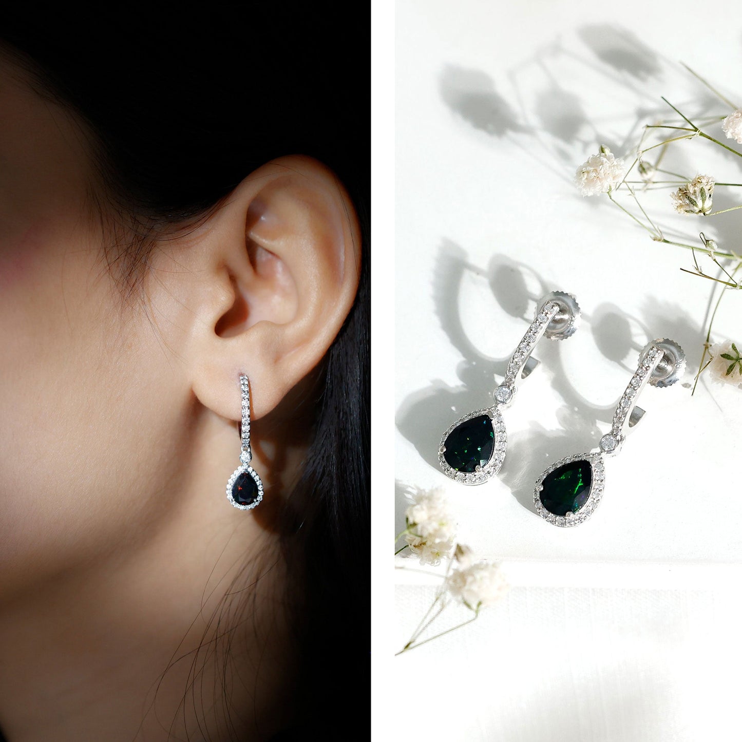 Classic Black Opal and Moissanite Hoop Drop Earrings