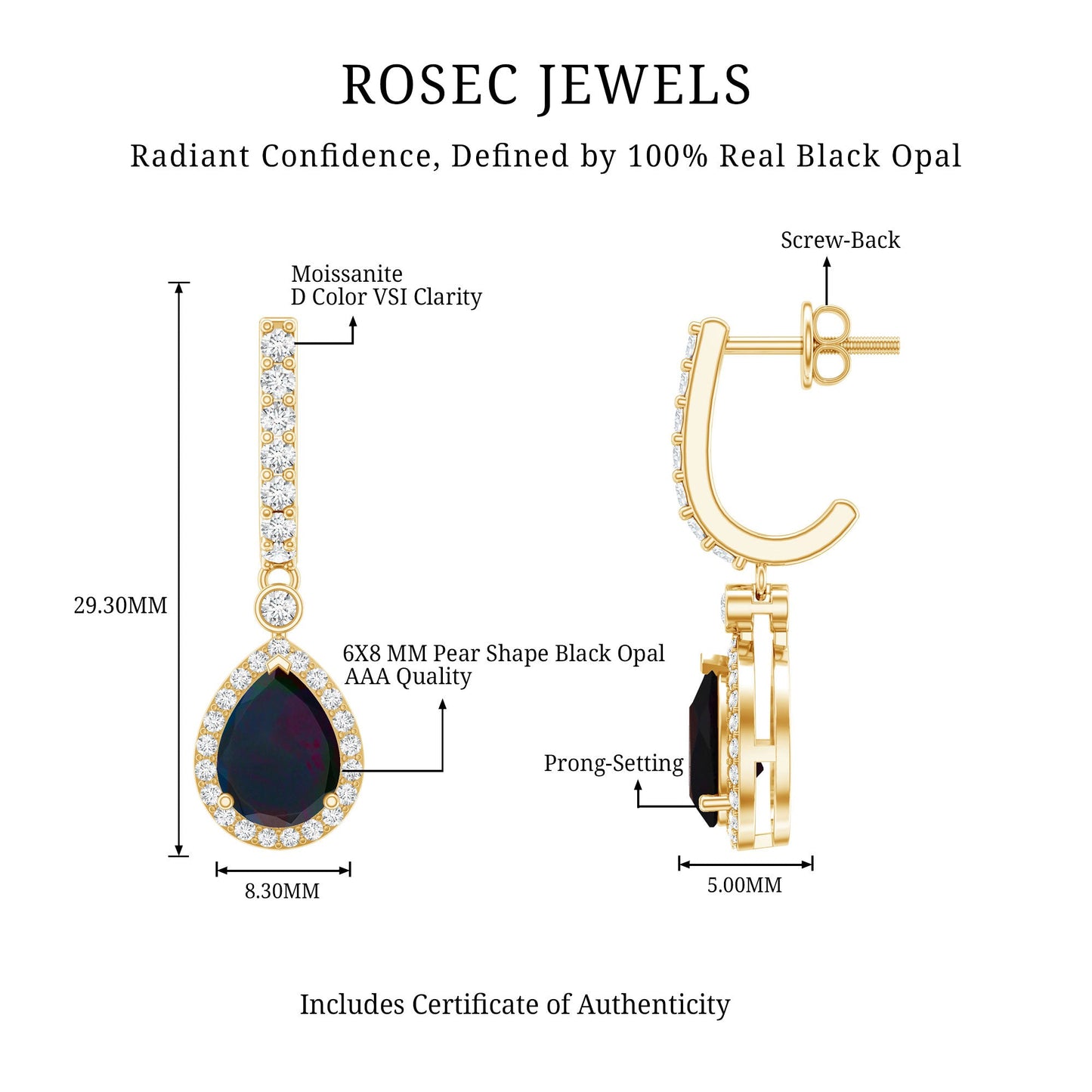Classic Black Opal and Moissanite Hoop Drop Earrings