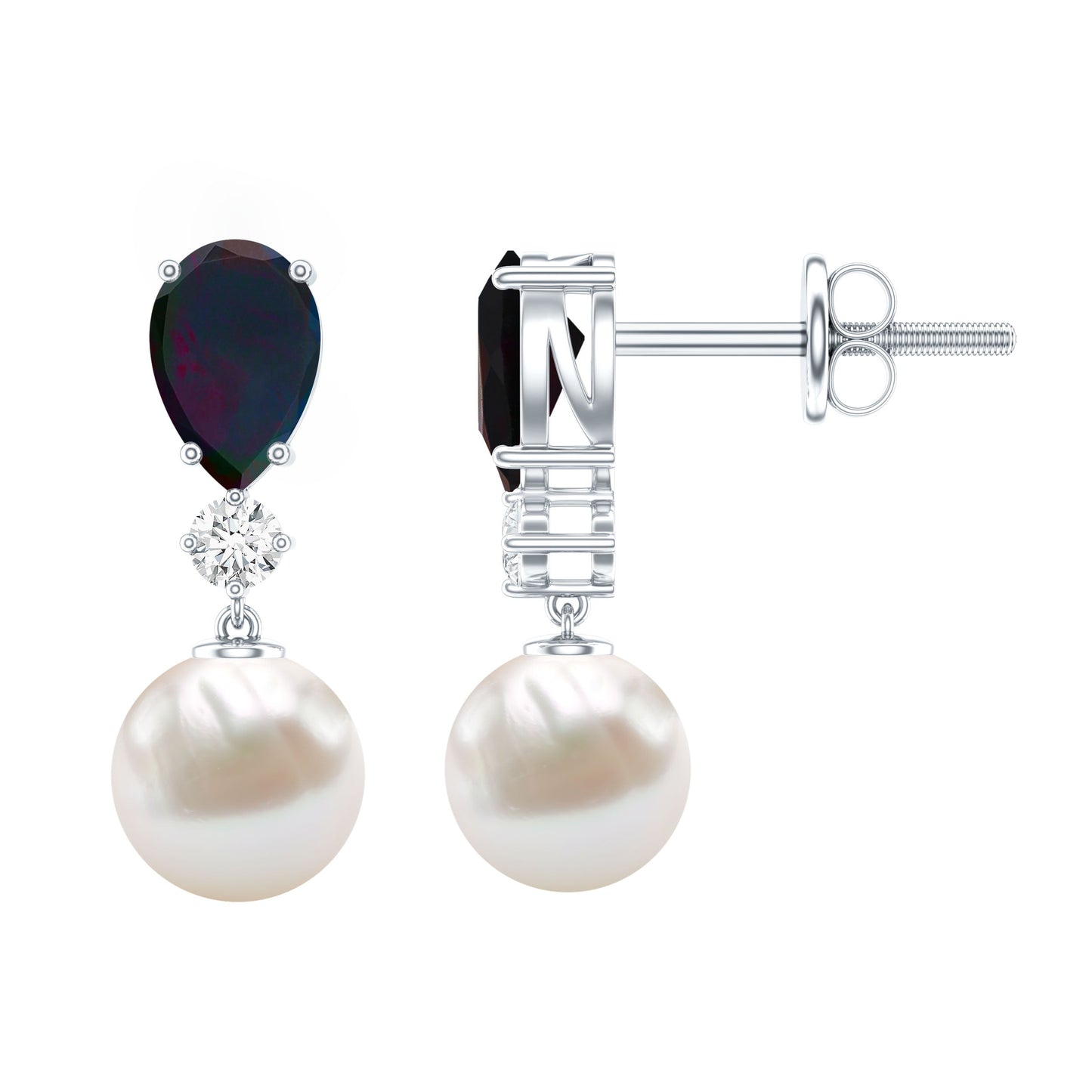 Pear Cut Black Opal and Freshwater Pearl Drop Earrings with Moissanite