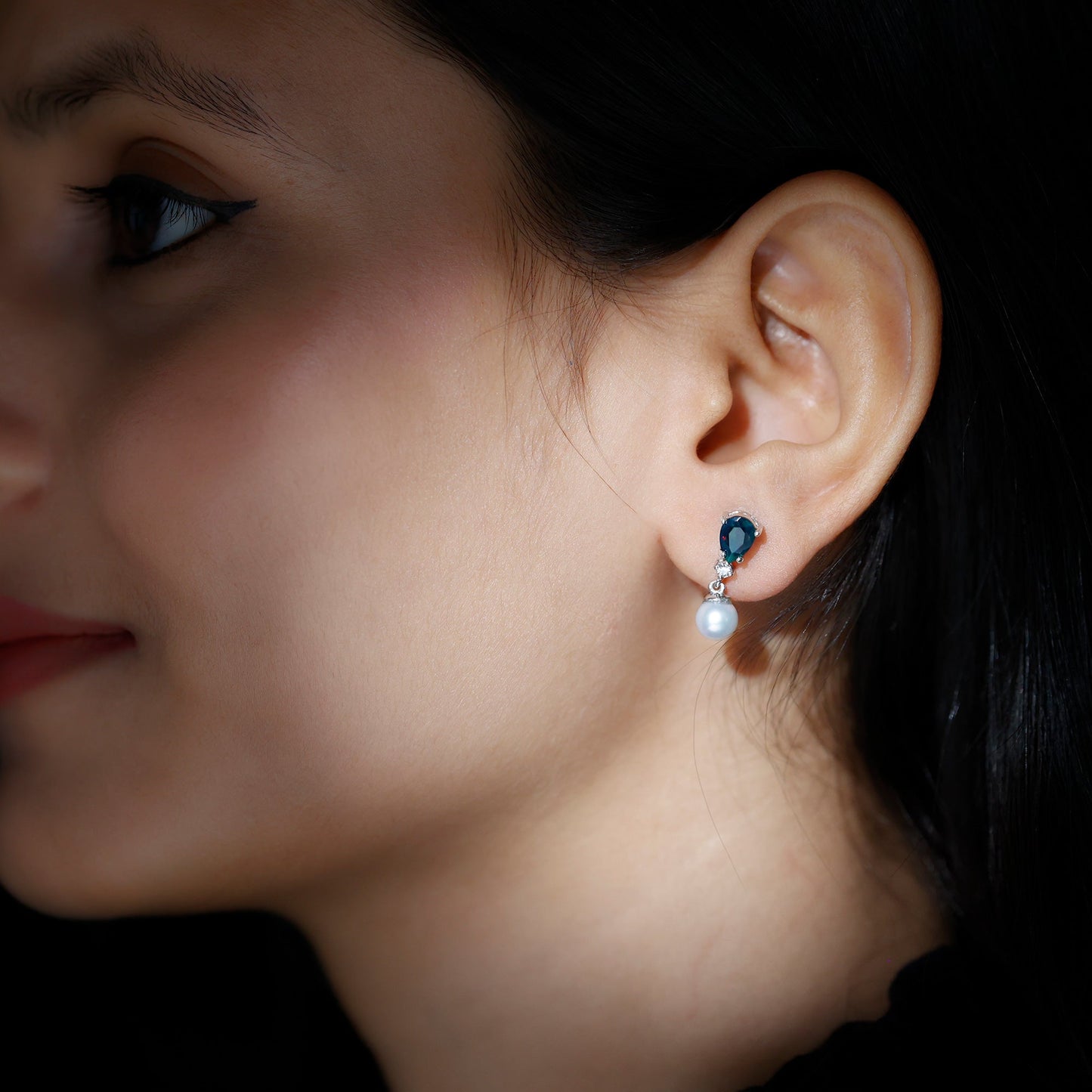 Pear Cut Black Opal and Freshwater Pearl Drop Earrings with Moissanite
