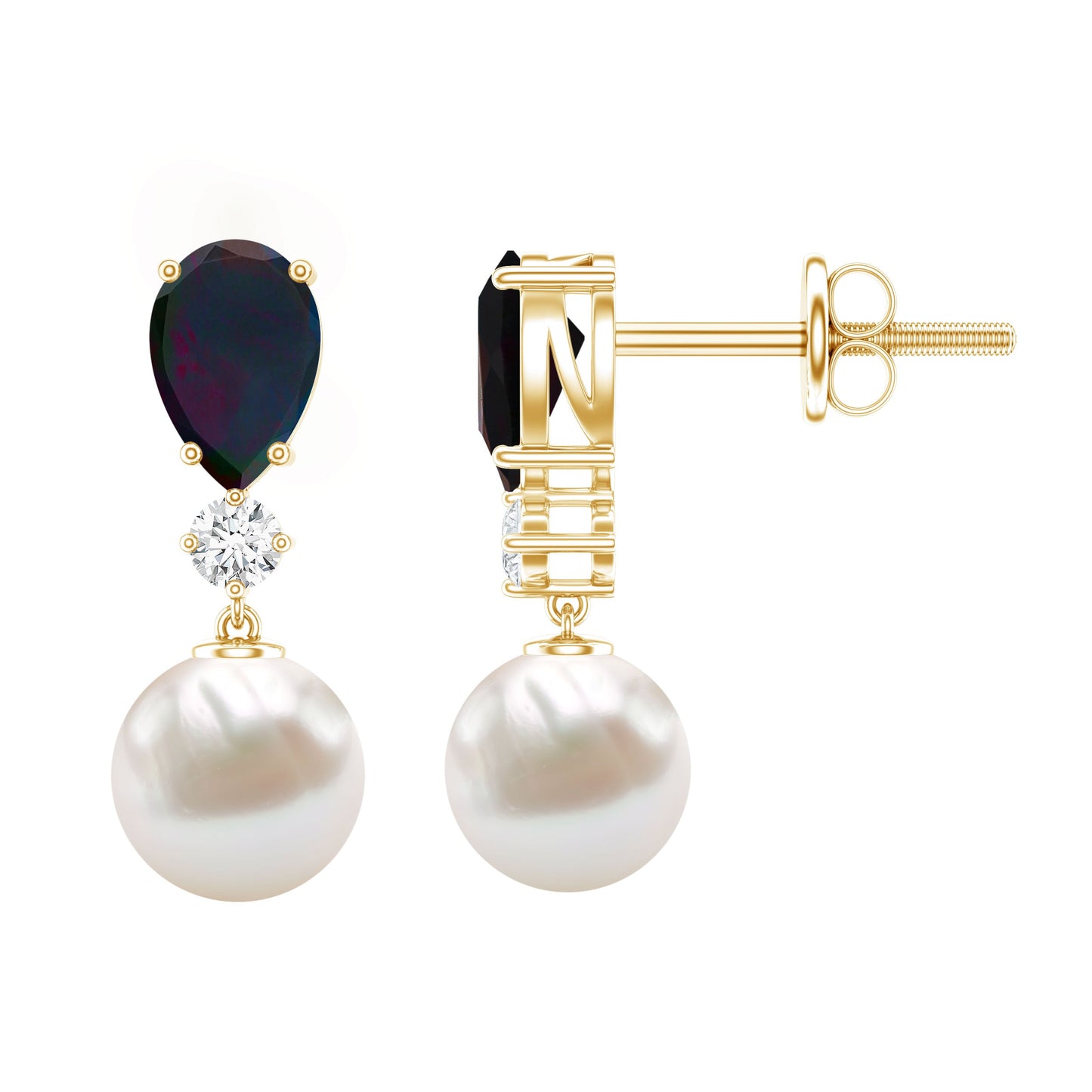 Pear Cut Black Opal and Freshwater Pearl Drop Earrings with Moissanite