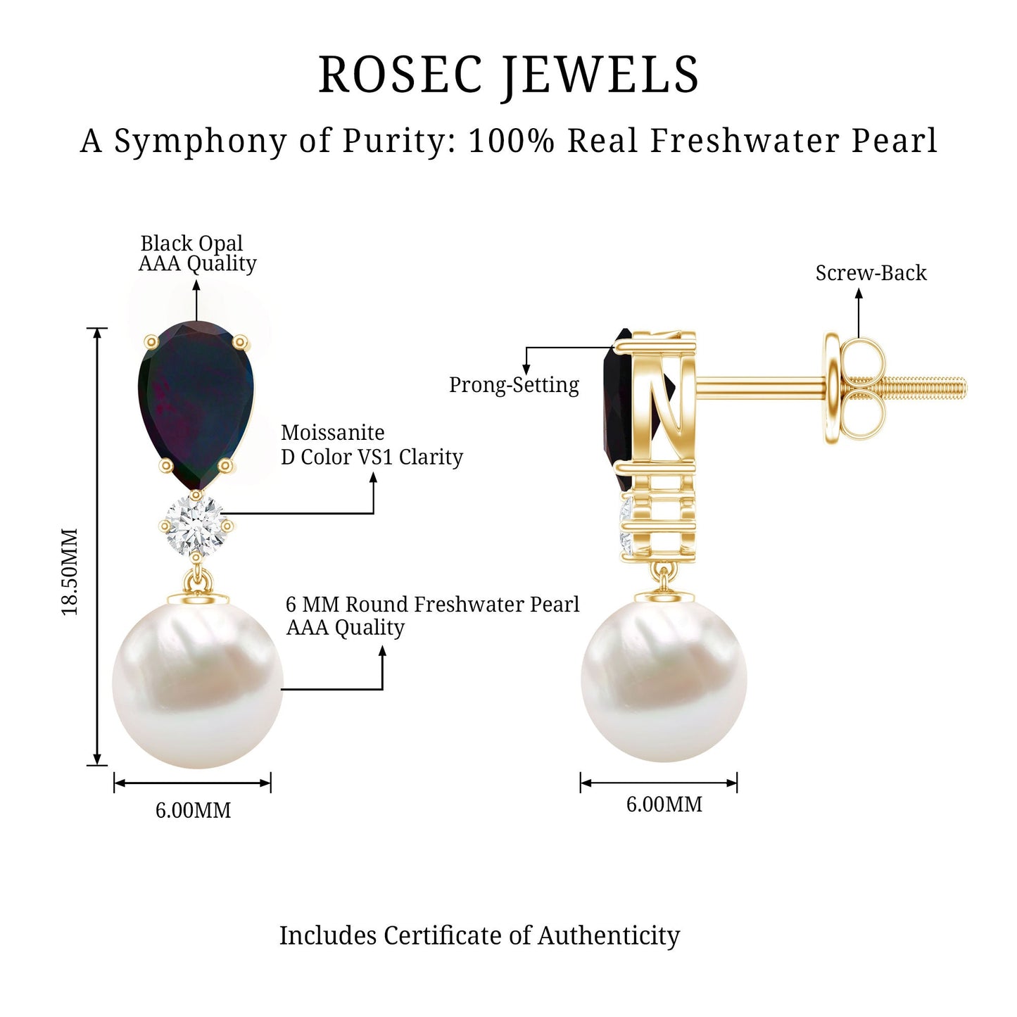 Pear Cut Black Opal and Freshwater Pearl Drop Earrings with Moissanite