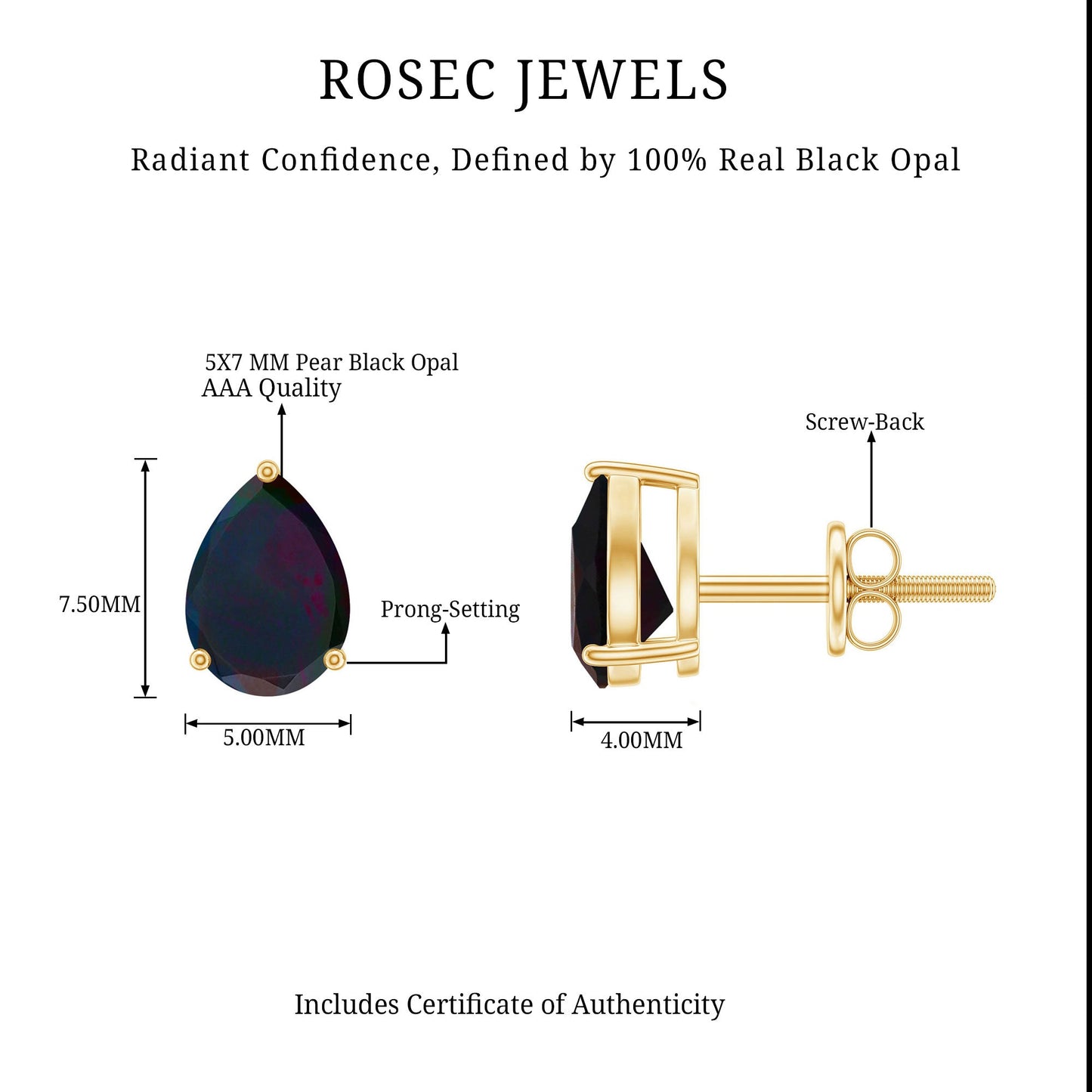 Genuine 1.4 Carat Pear Shaped Black Opal Stud Earrings