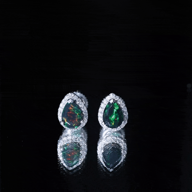 Classic Pear Cut Black Opal and Moissanite Halo Stud Earrings