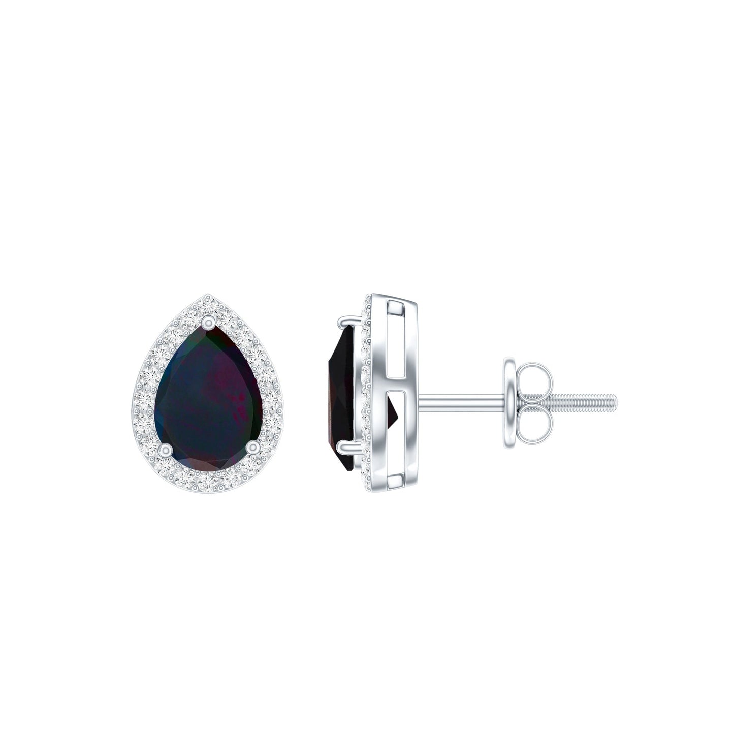 Classic Pear Cut Black Opal and Moissanite Halo Stud Earrings