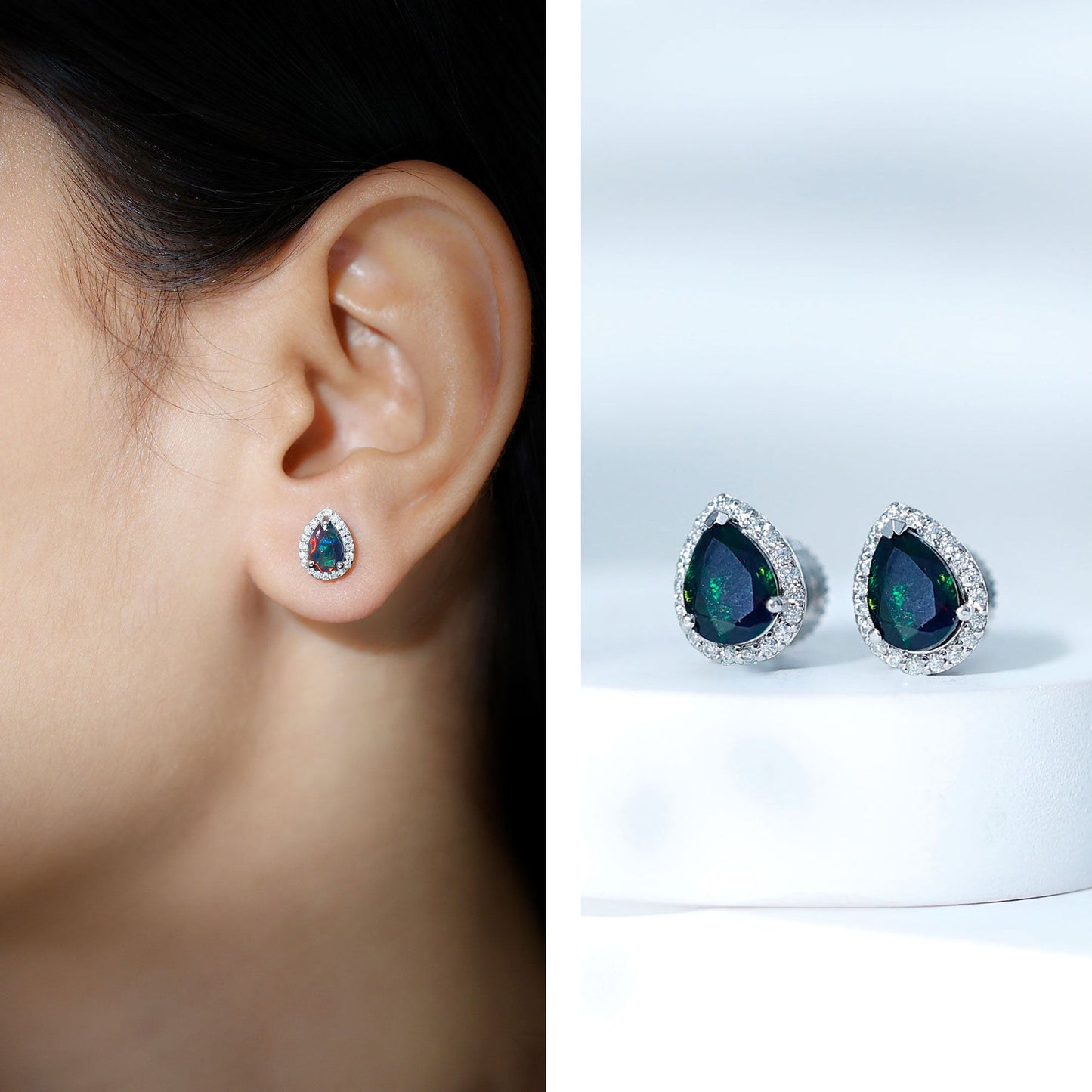 Classic Pear Cut Black Opal and Moissanite Halo Stud Earrings