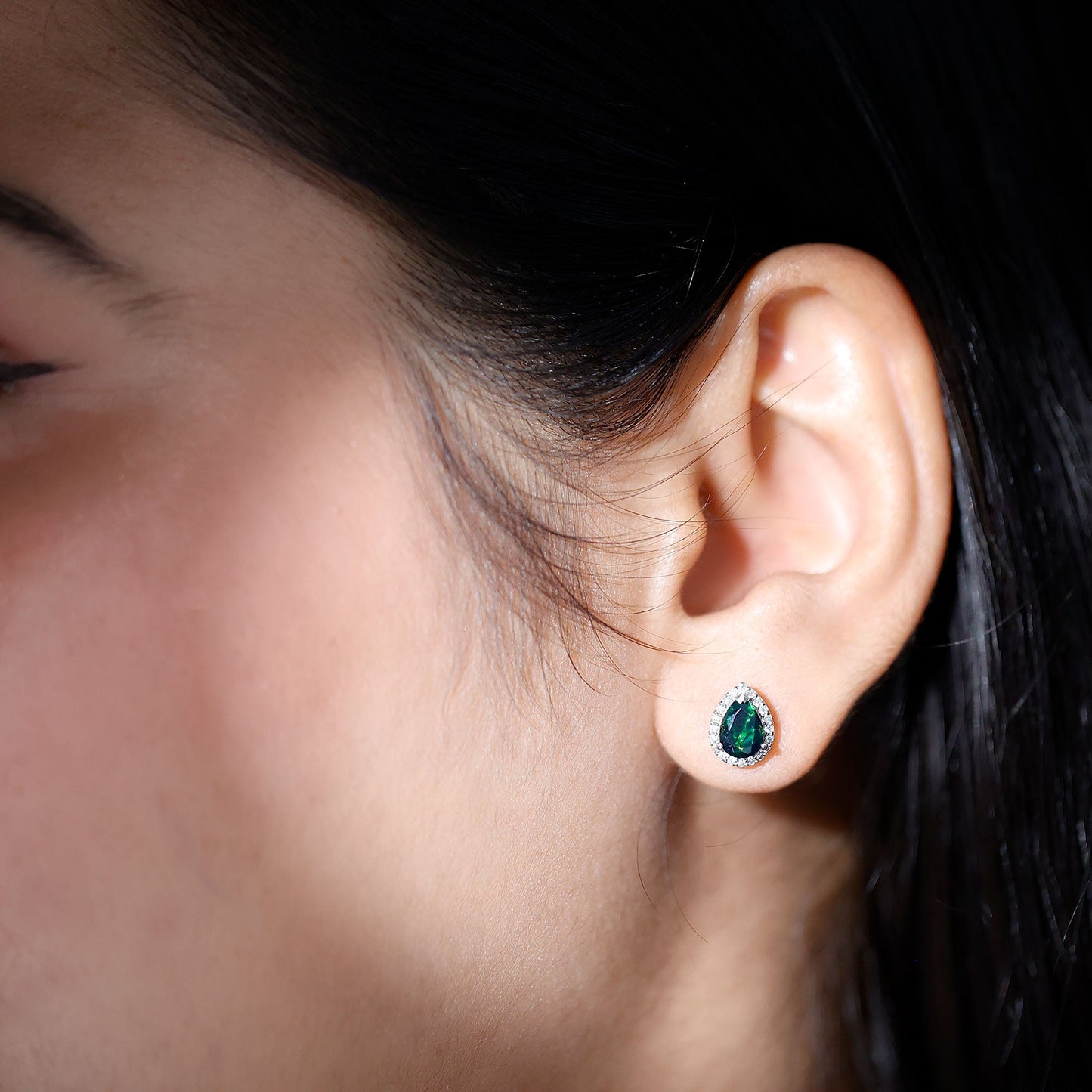 Classic Pear Cut Black Opal and Moissanite Halo Stud Earrings
