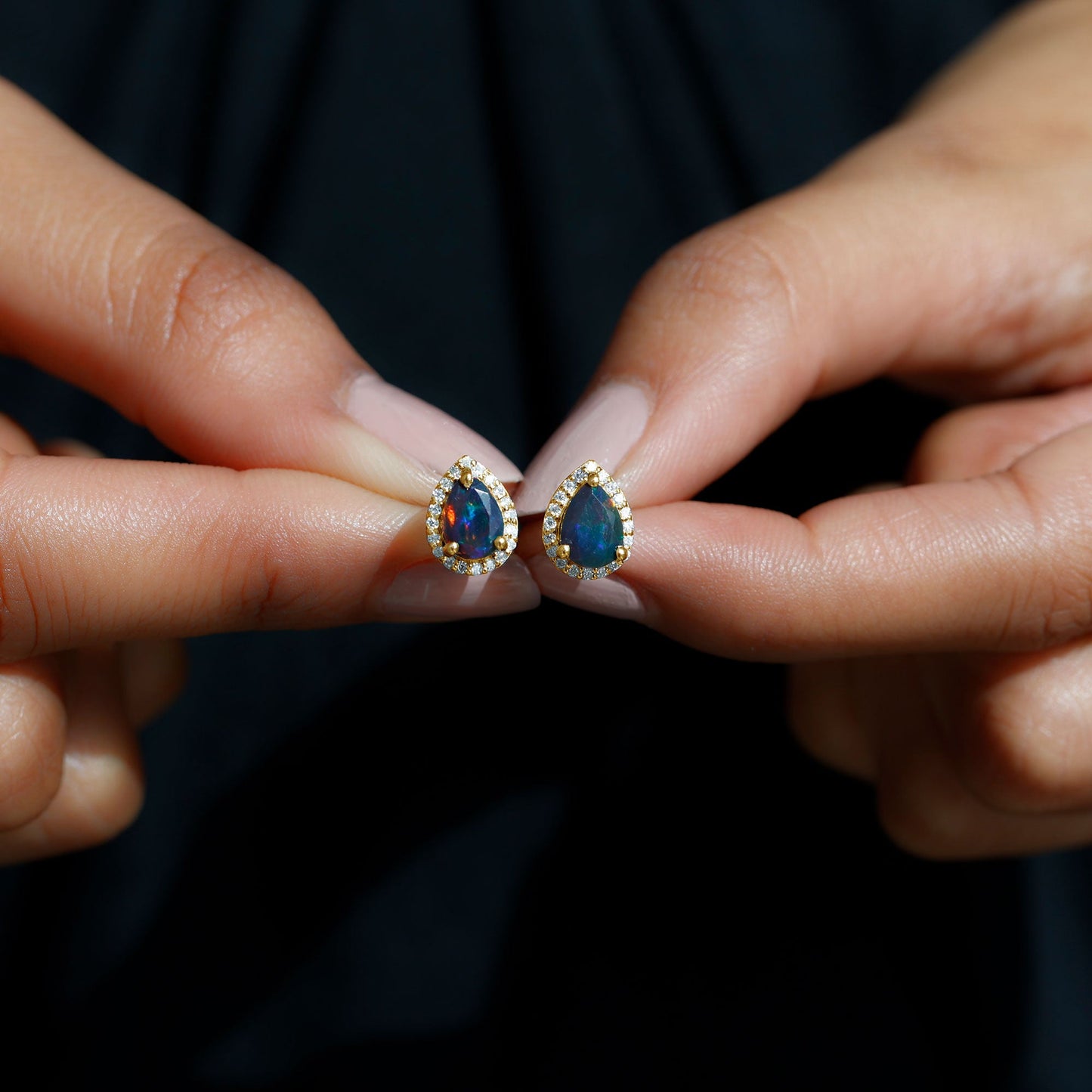 Classic Pear Cut Black Opal and Moissanite Halo Stud Earrings