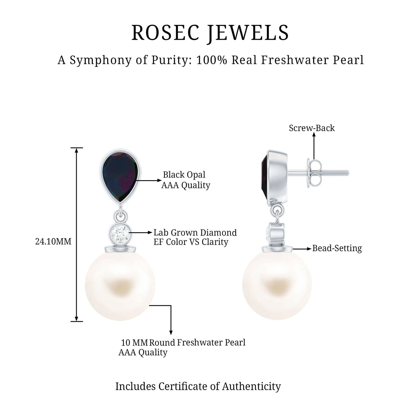 Freshwater Pearl Drop Earrings with Black Opal and Diamond