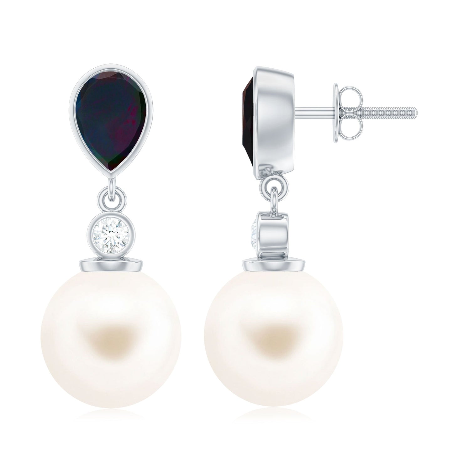 Freshwater Pearl Drop Earrings with Black Opal and Diamond