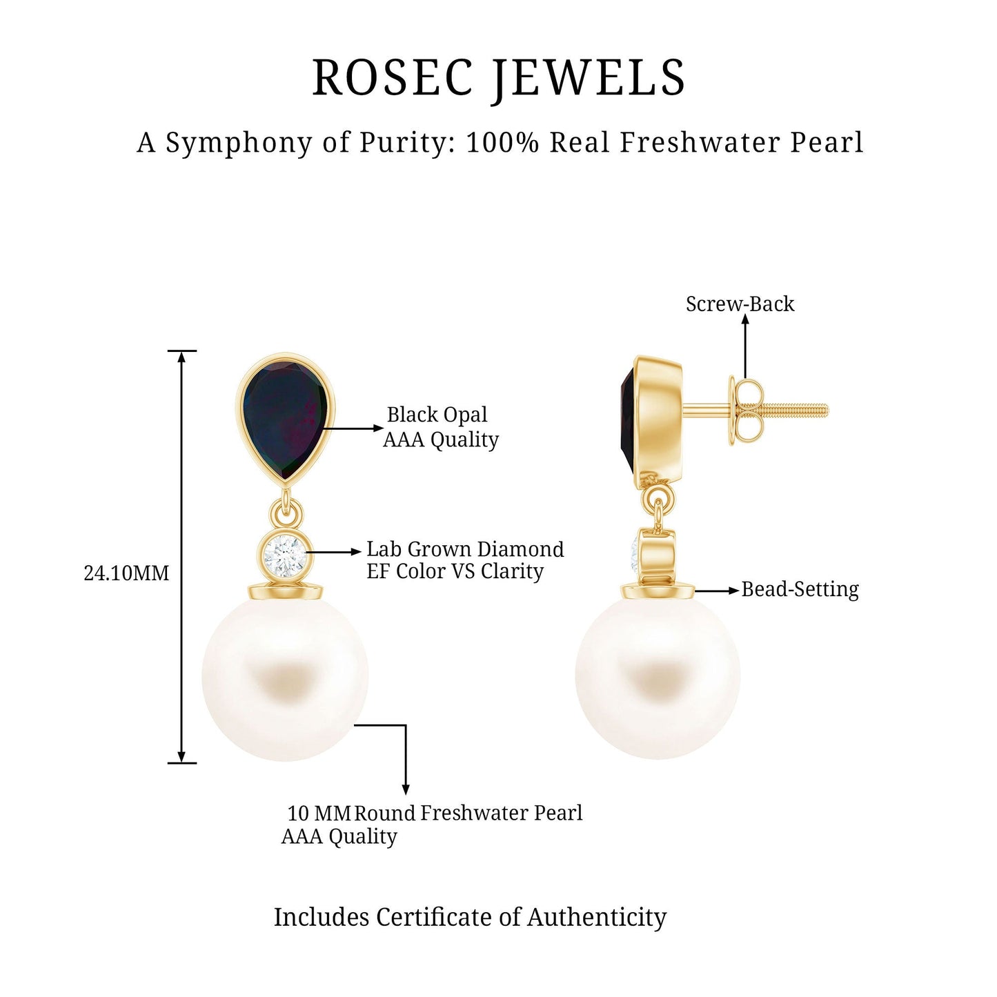 Freshwater Pearl Drop Earrings with Black Opal and Diamond