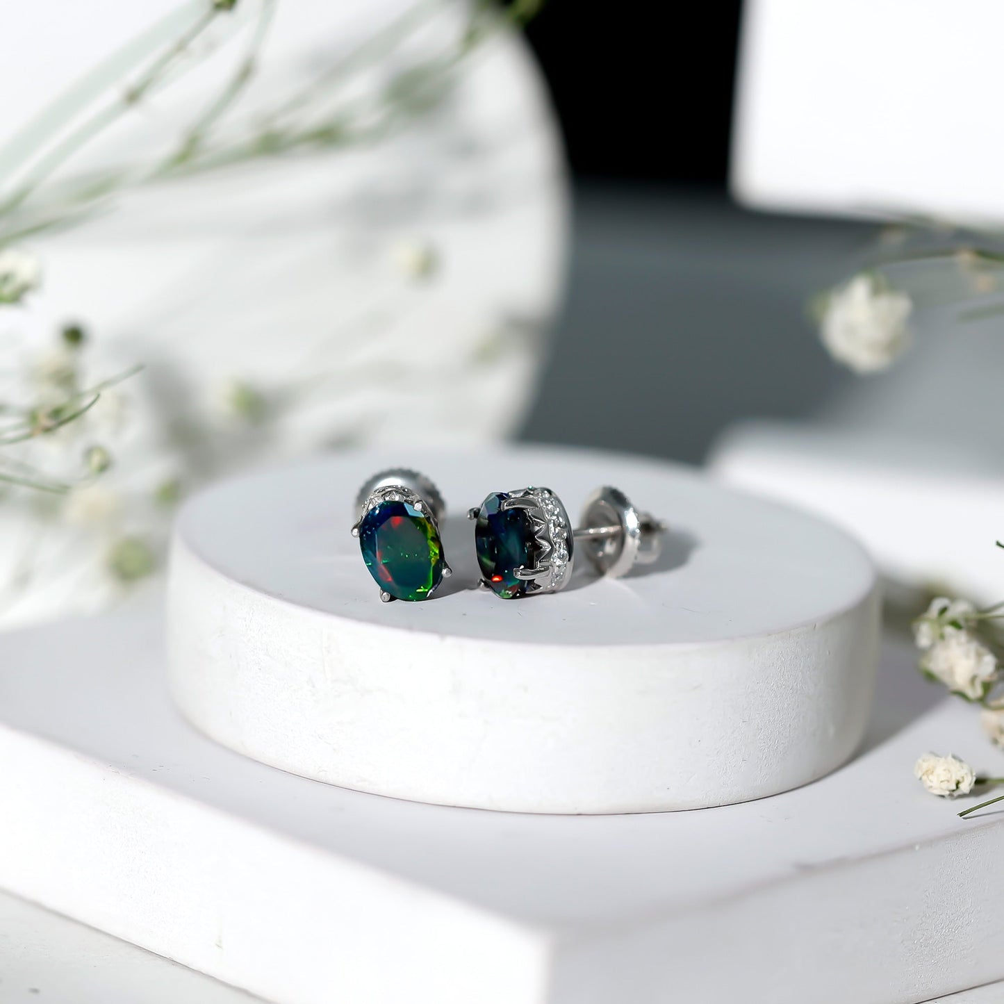 1.8 Carat Oval Black Opal Solitaire Stud Earrings with Diamond