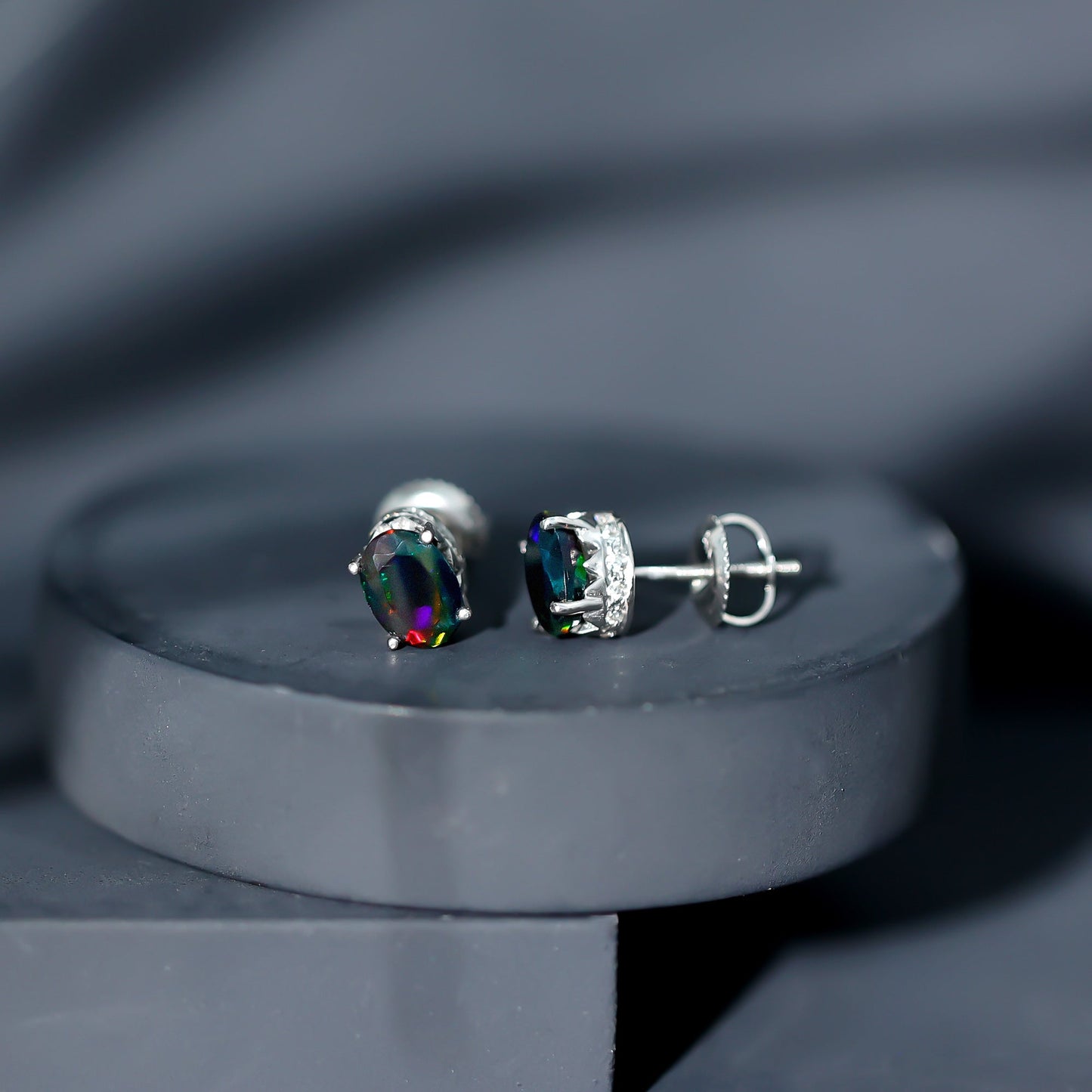 1.8 Carat Oval Black Opal Solitaire Stud Earrings with Diamond