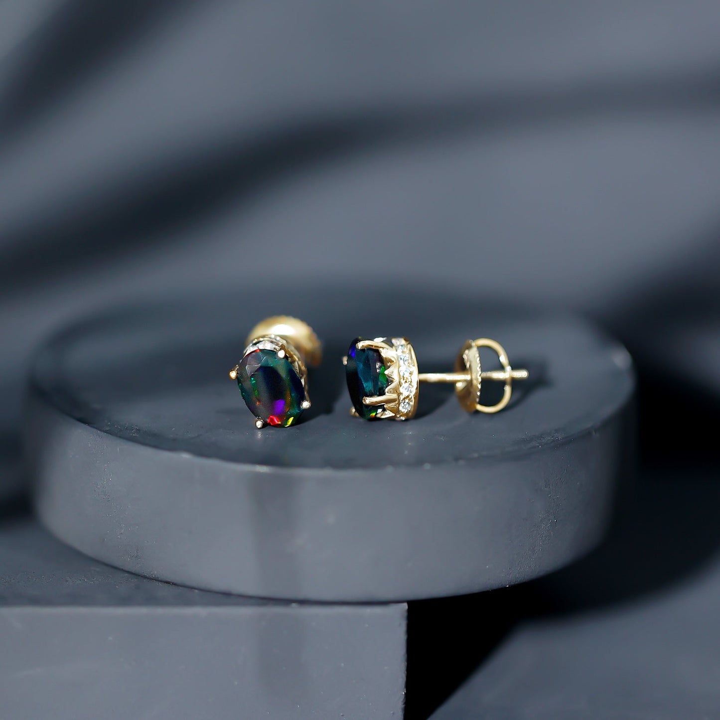 1.8 Carat Oval Black Opal Solitaire Stud Earrings with Diamond
