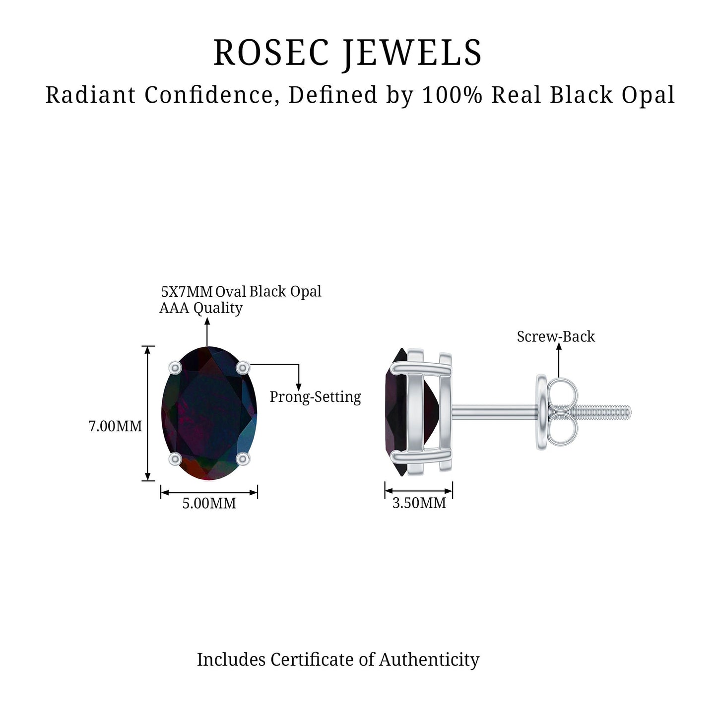 1.8 Carat Real Black Opal Solitaire Stud Earrings in 4 Prong Setting