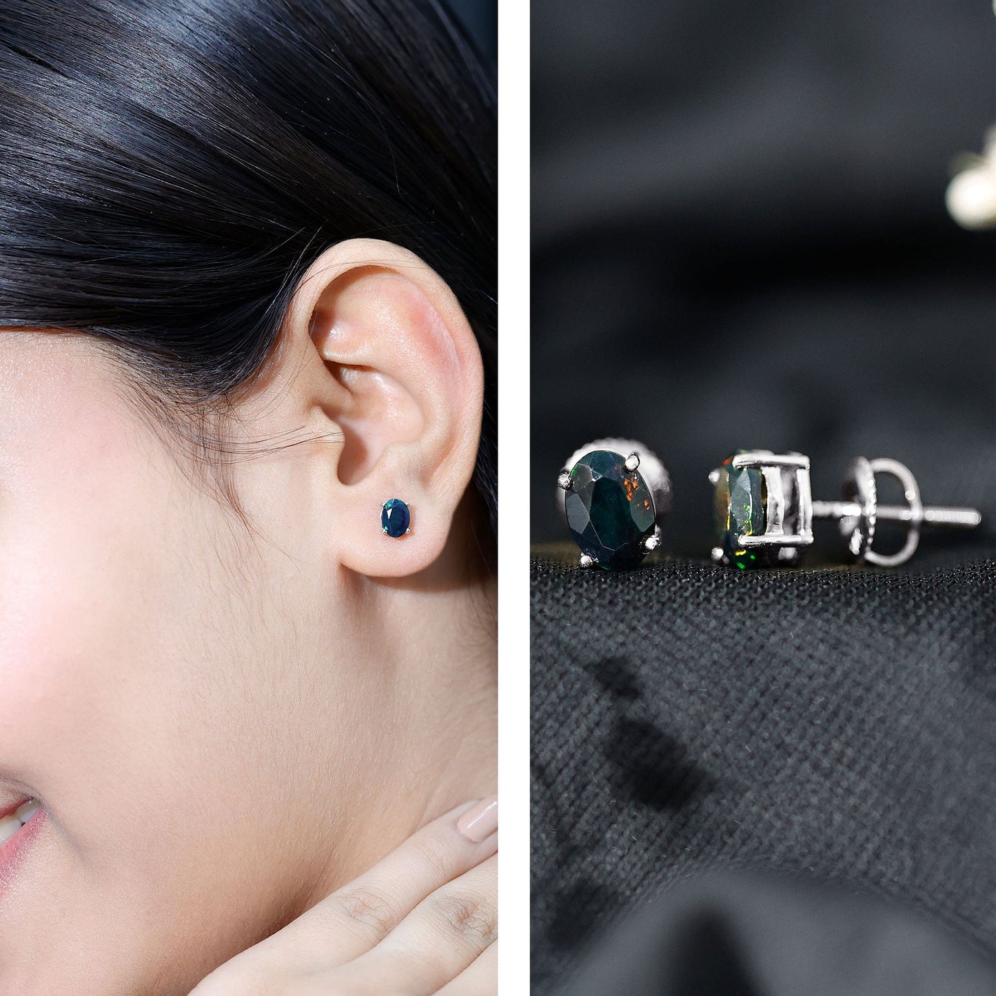 1.8 Carat Real Black Opal Solitaire Stud Earrings in 4 Prong Setting