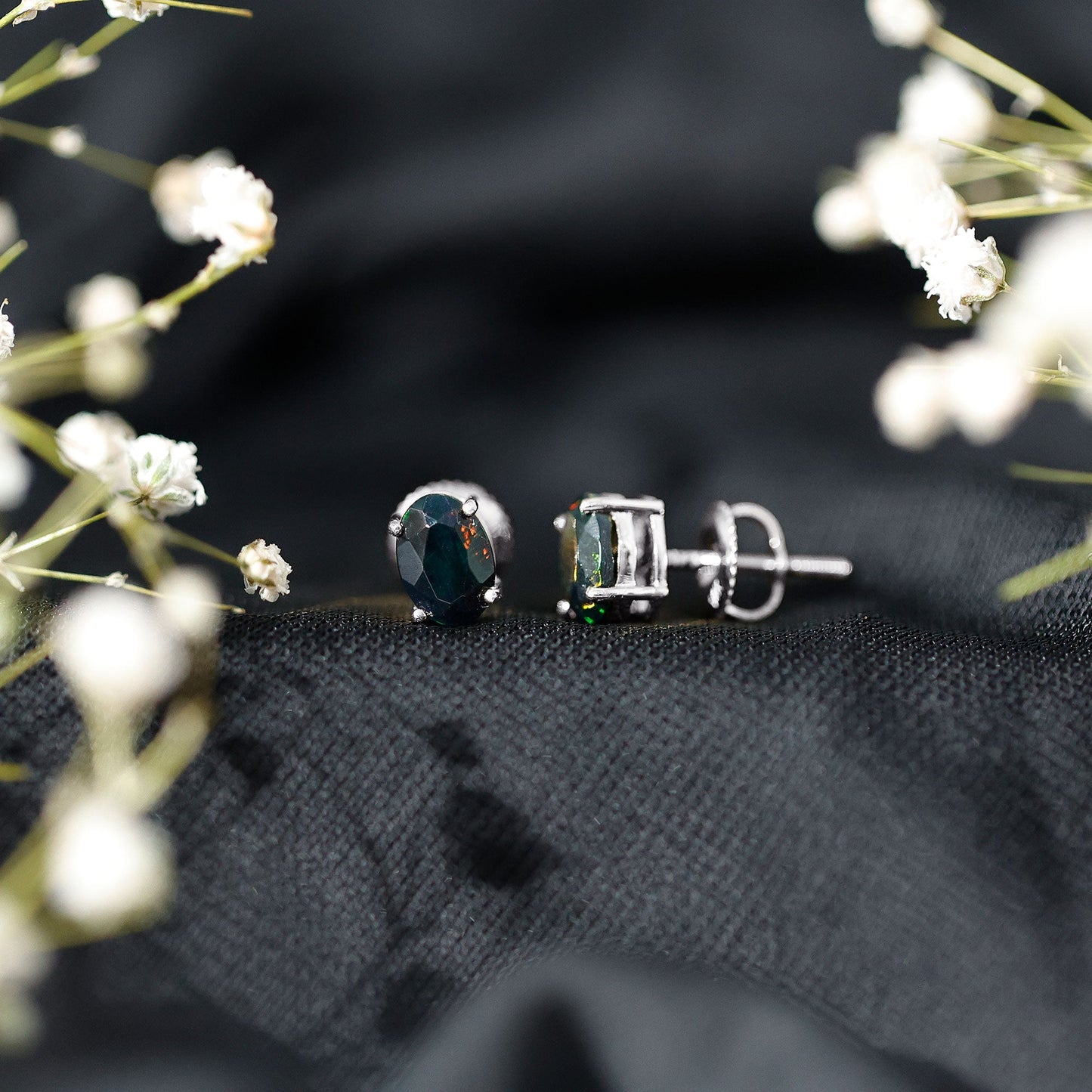 1.8 Carat Real Black Opal Solitaire Stud Earrings in 4 Prong Setting