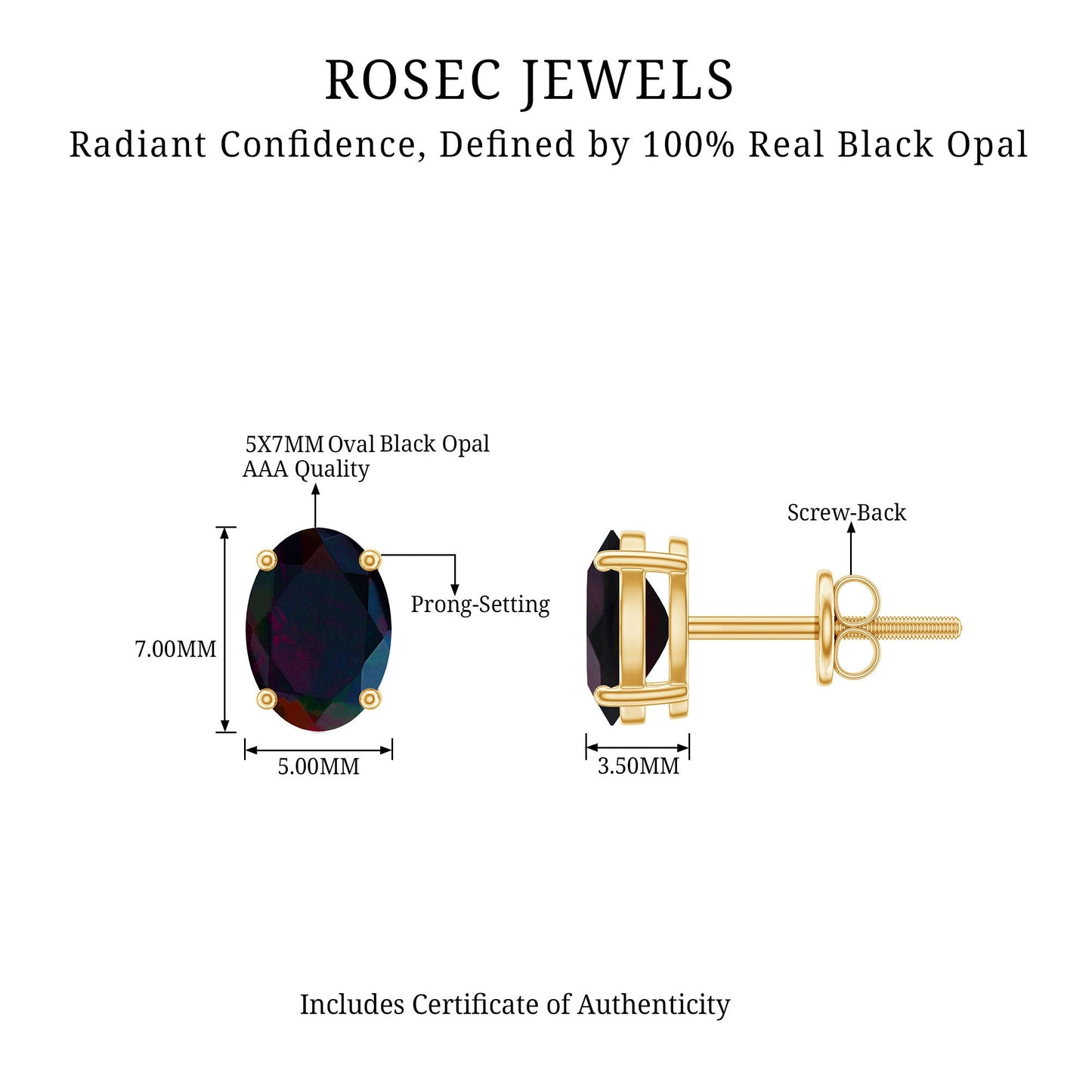 1.8 Carat Real Black Opal Solitaire Stud Earrings in 4 Prong Setting