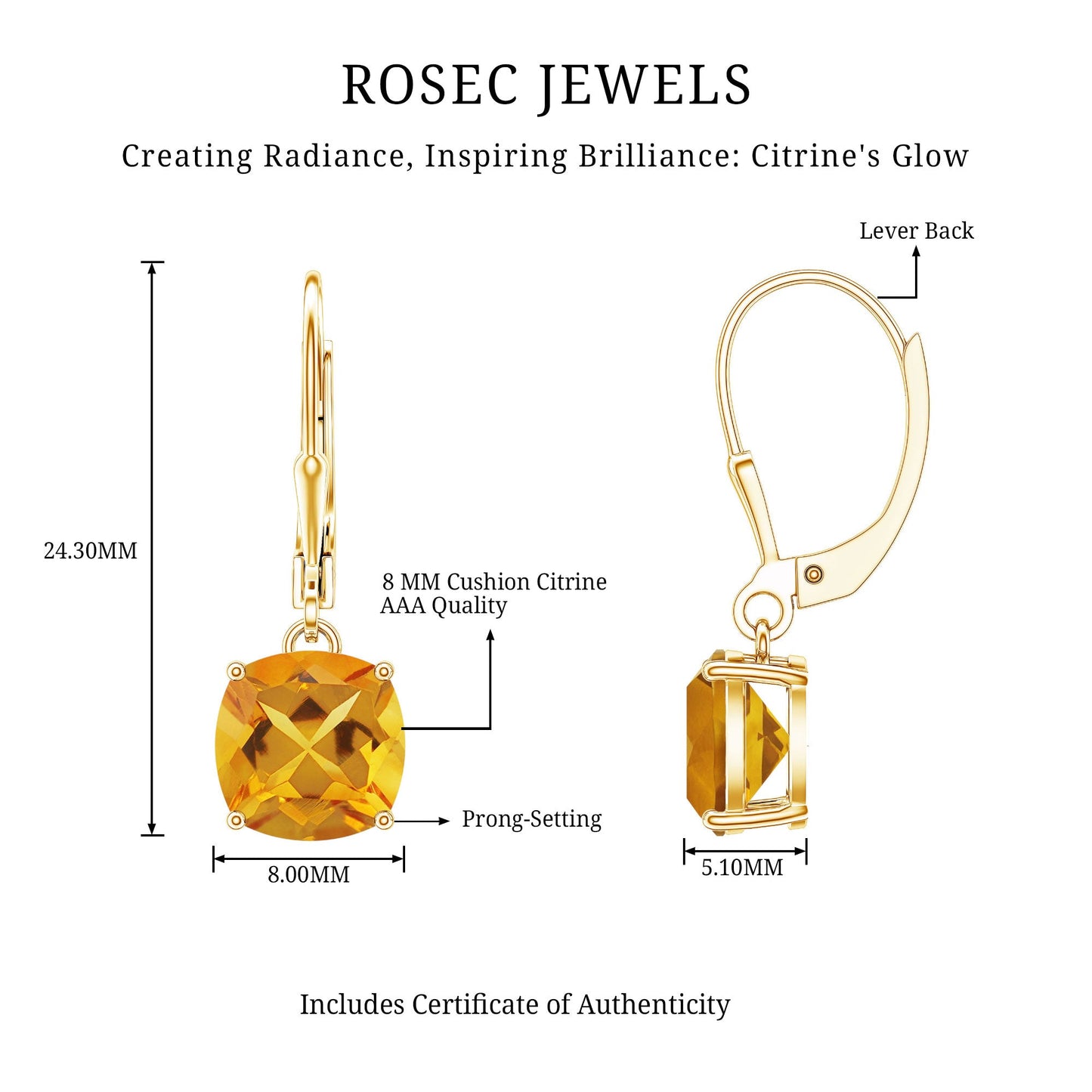4.4 Carat Cushion Cut Citrine Solitaire Drop Earrings