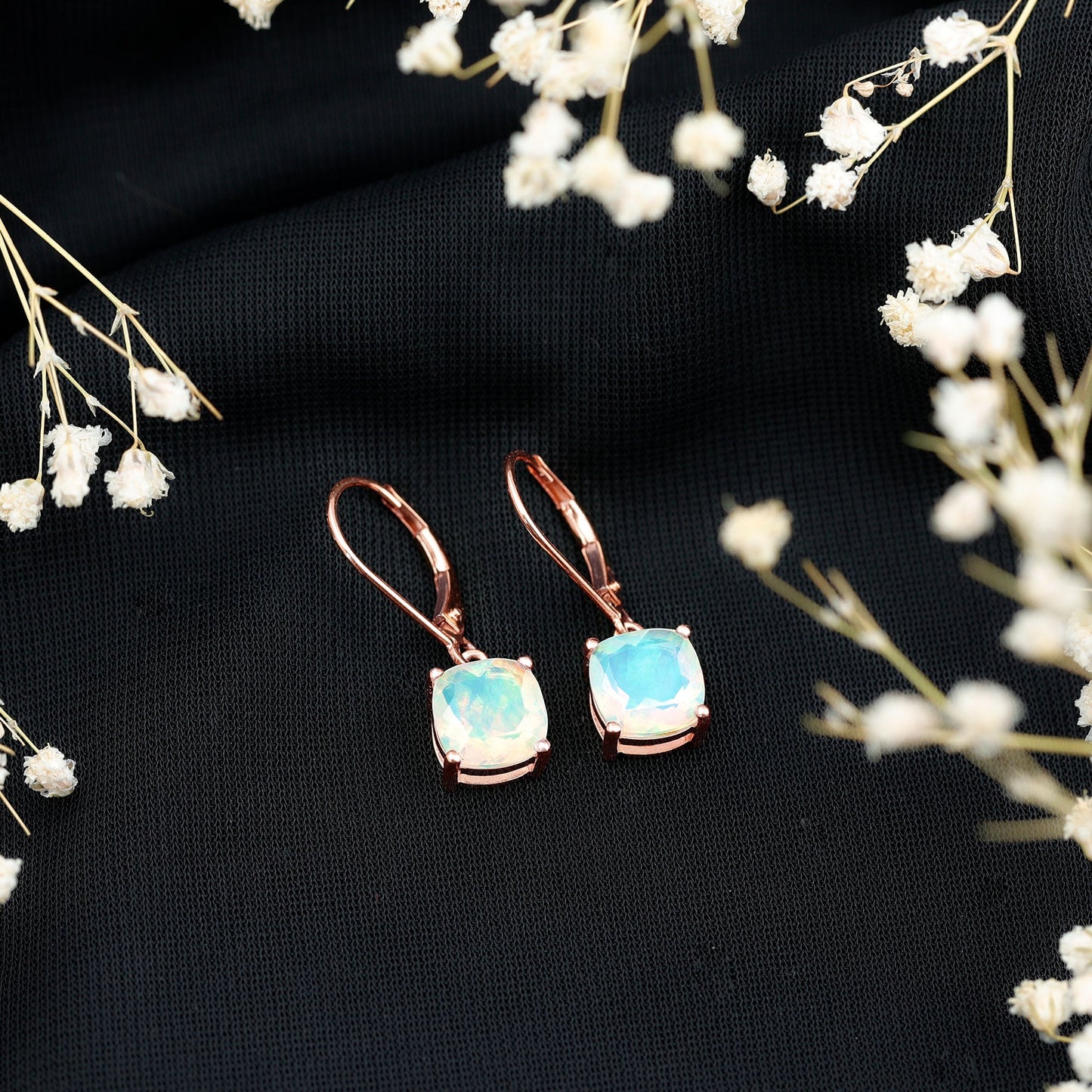 Cushion Cut Solitaire Ethiopian Opal Drop Earrings