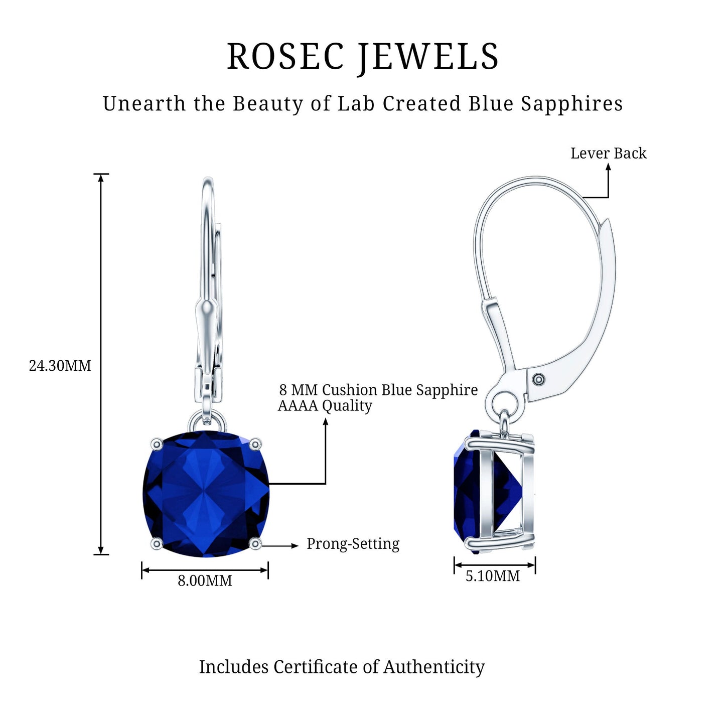 Cushion Cut Lab Grown Blue Sapphire Drop Hoop Earrings