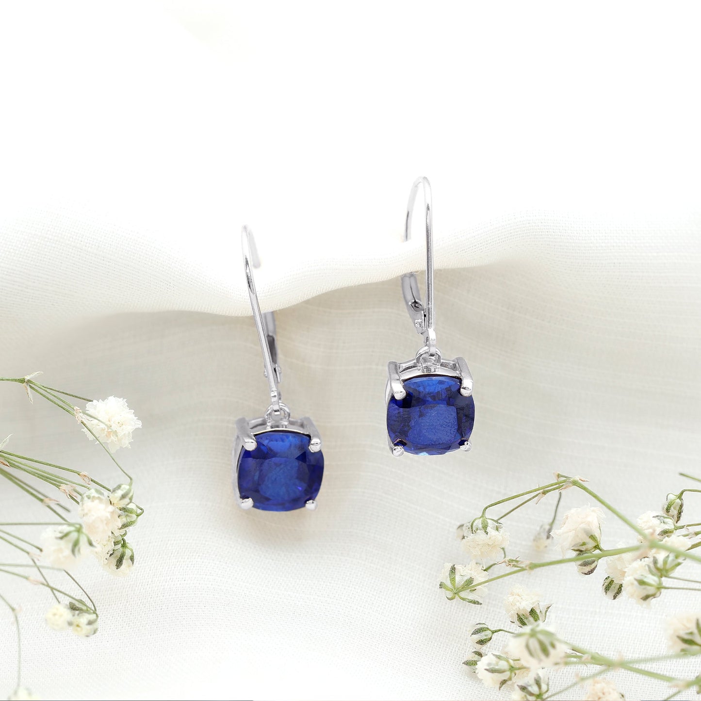 Cushion Cut Lab Grown Blue Sapphire Drop Hoop Earrings