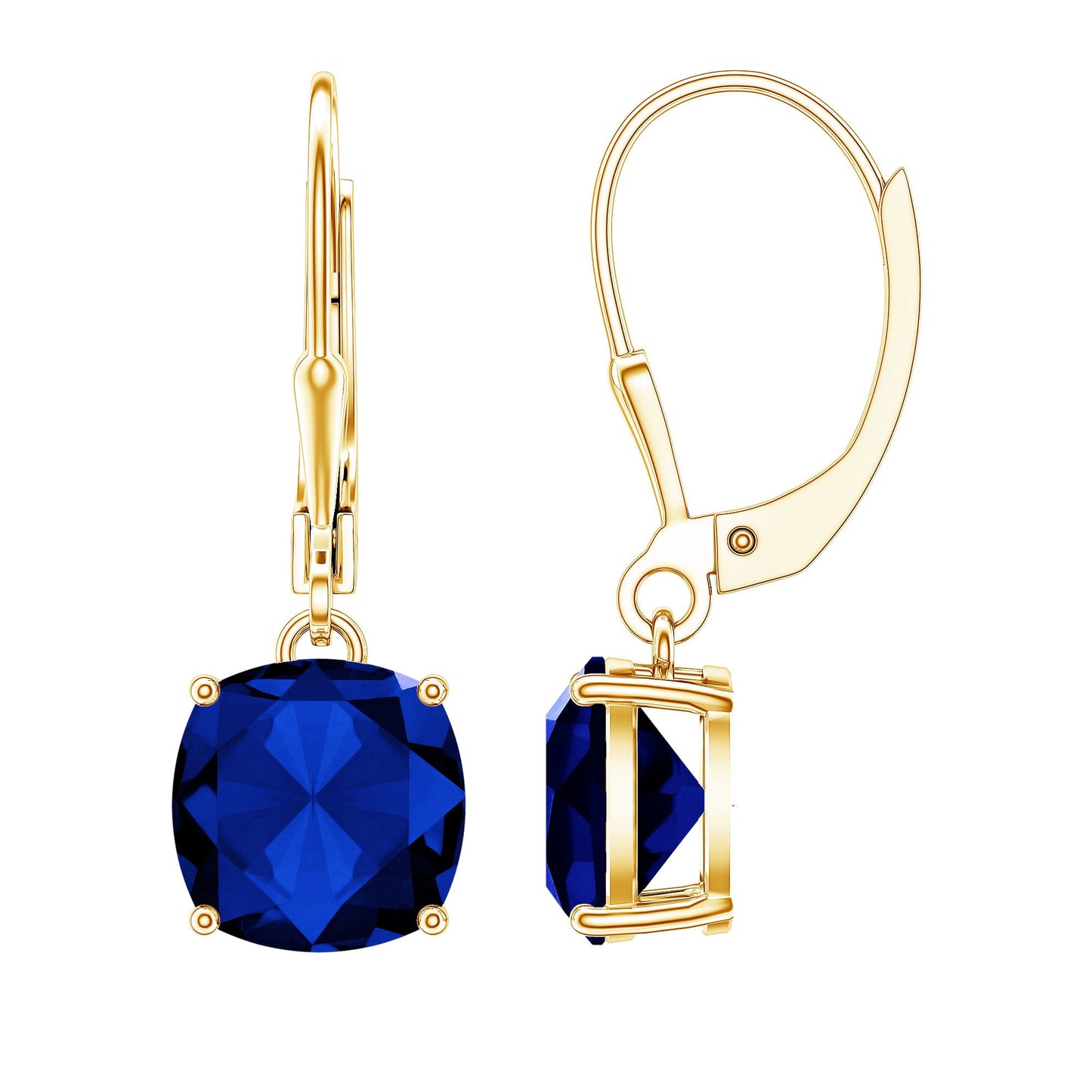 Cushion Cut Lab Grown Blue Sapphire Drop Hoop Earrings