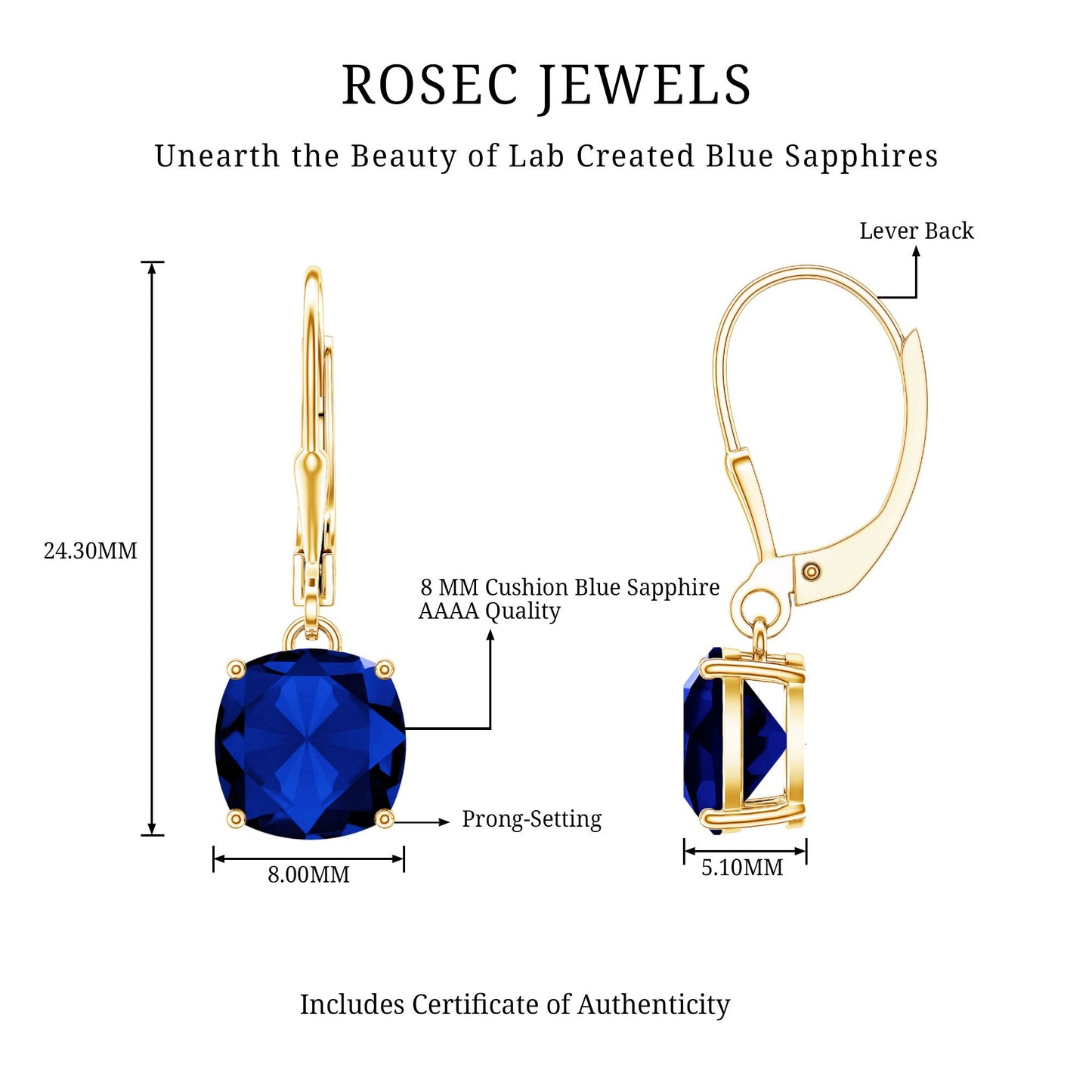 Cushion Cut Lab Grown Blue Sapphire Drop Hoop Earrings