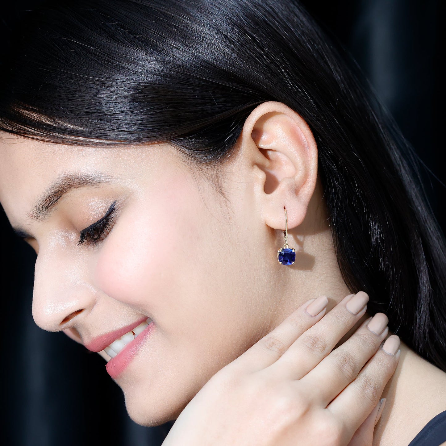 Cushion Cut Lab Grown Blue Sapphire Drop Hoop Earrings