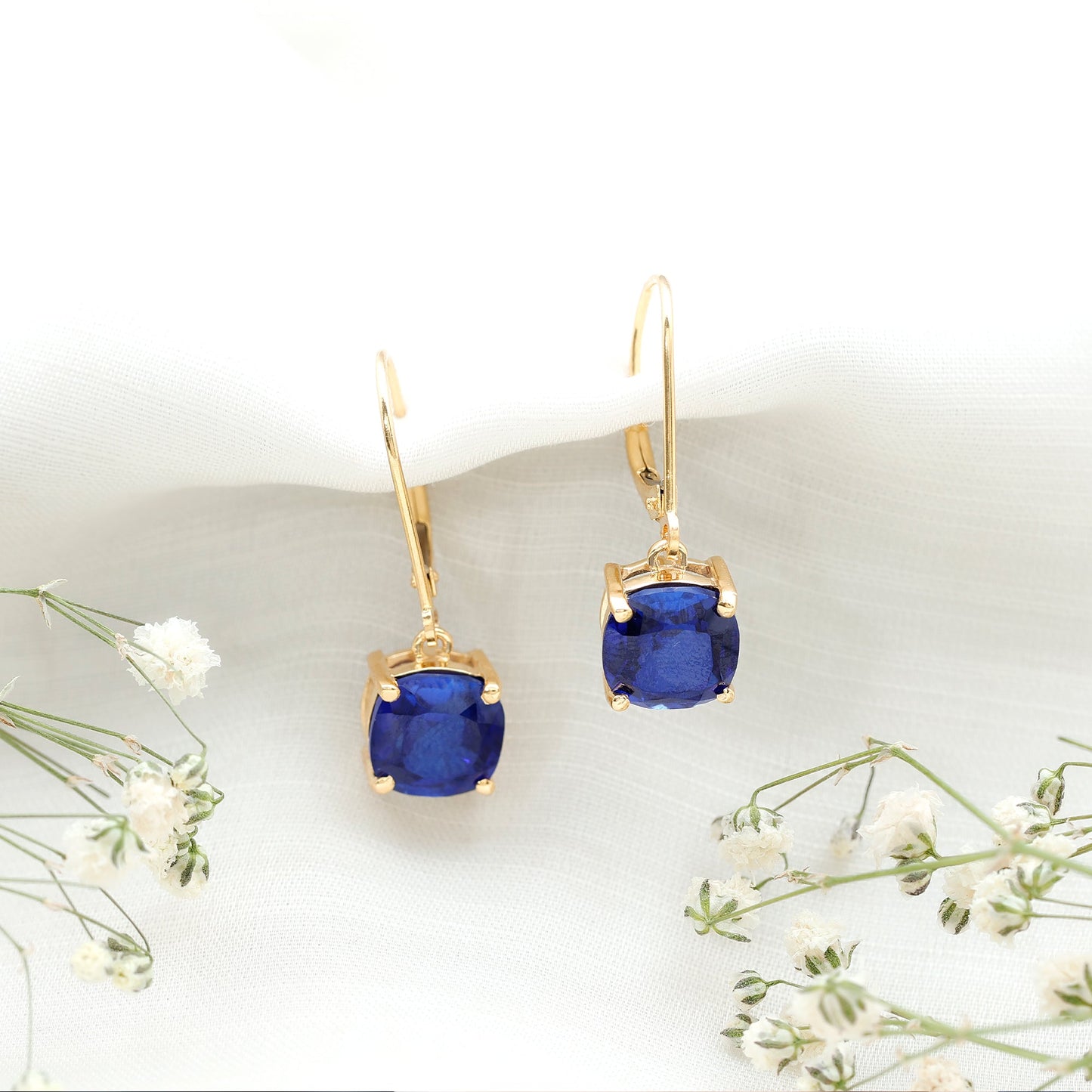 Cushion Cut Lab Grown Blue Sapphire Drop Hoop Earrings