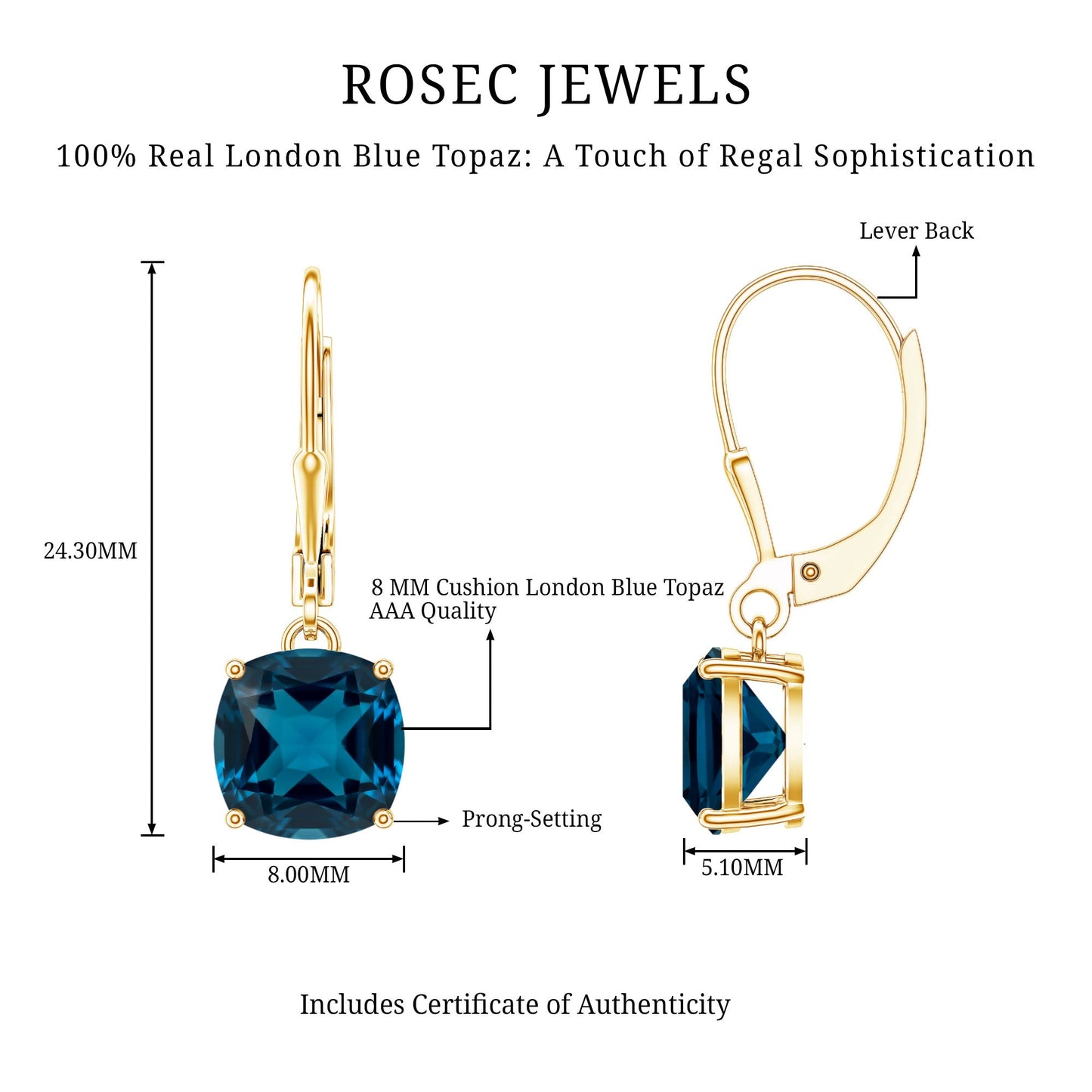 Cushion Cut London Blue Topaz Solitaire Drop Earrings